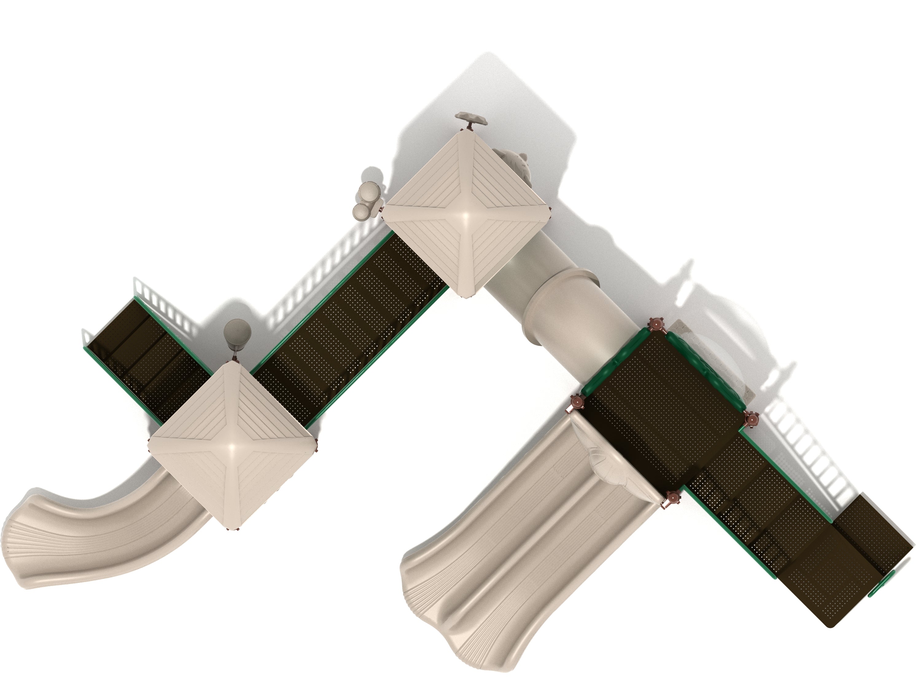 Overhead view of large L-shaped playground structure with two slides, stairs, shaded platforms, and interactive activity panels