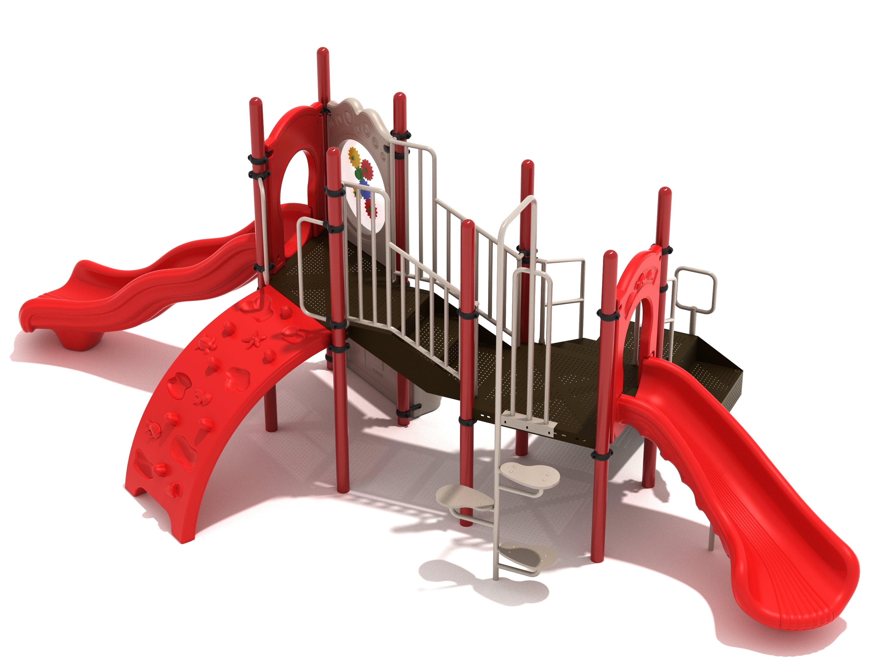 Nautical-themed playground with two red slides, seashell and starfish climber, gear panel, and ship’s wheel for imaginative play