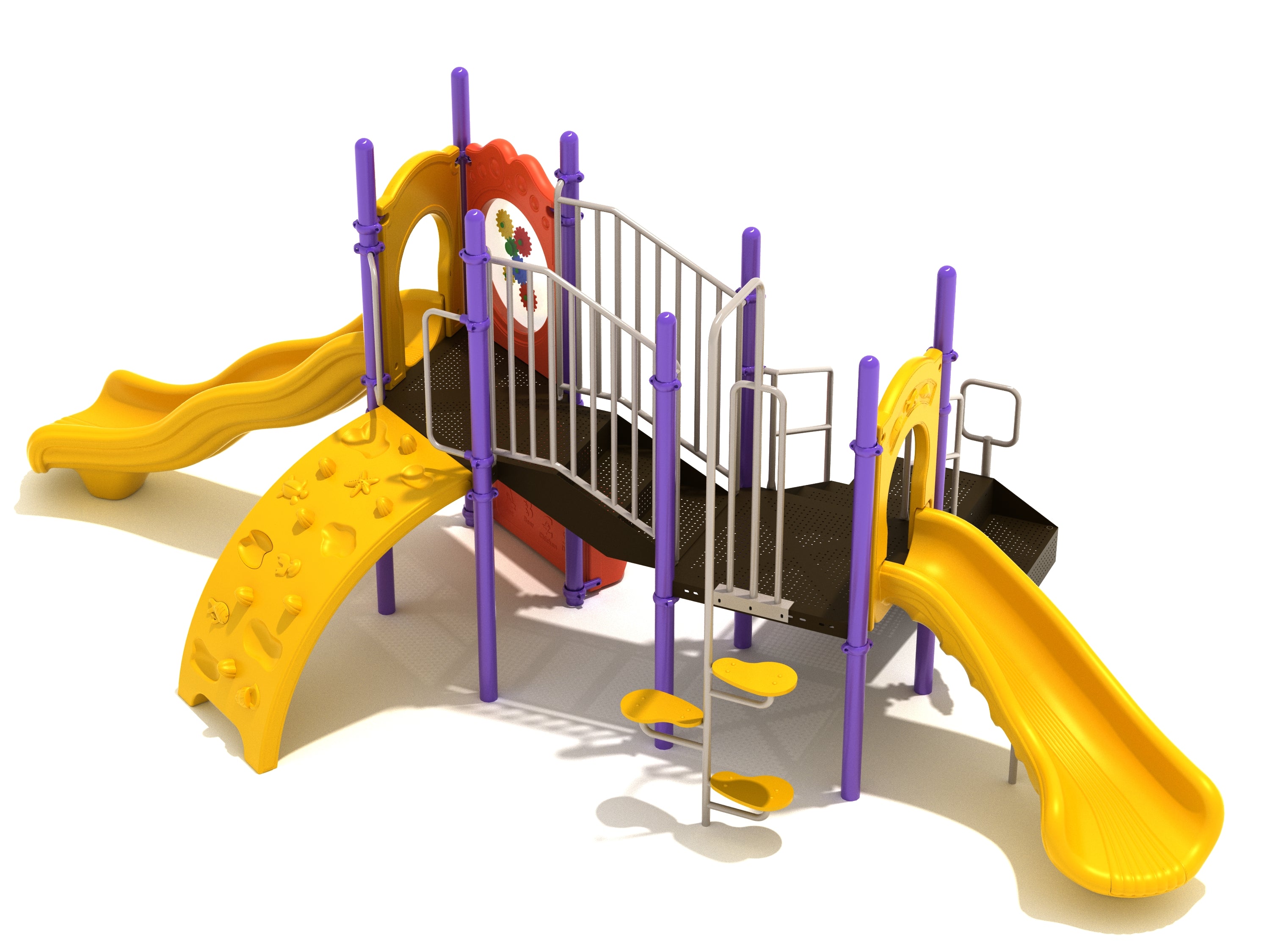Nautical-themed playground with two yellow slides, purple posts, sea creature climbing wall, and interactive gear panel