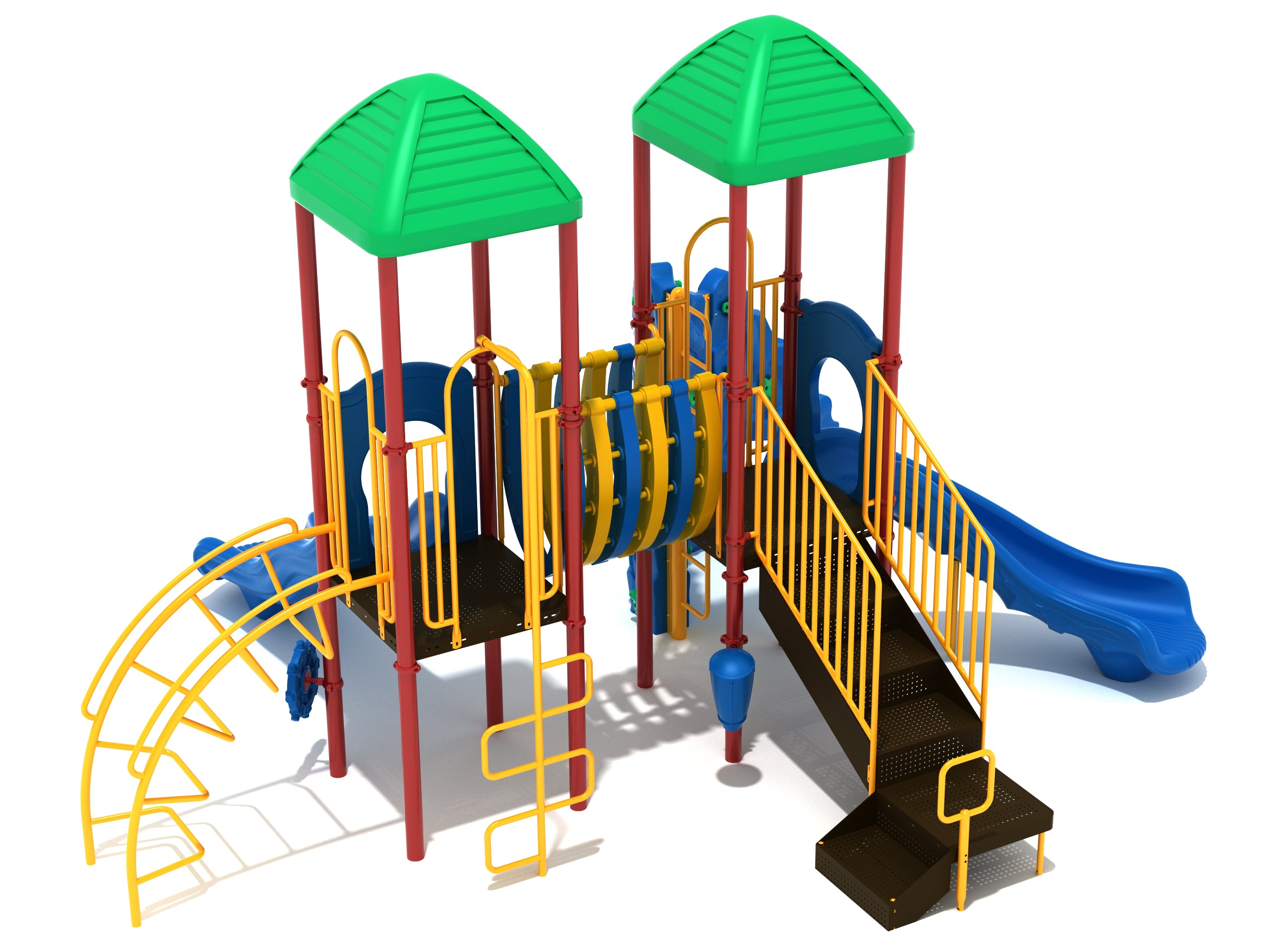 Colorful playground structure with green roofs, yellow climbing bars, blue slides, and a connecting tunnel