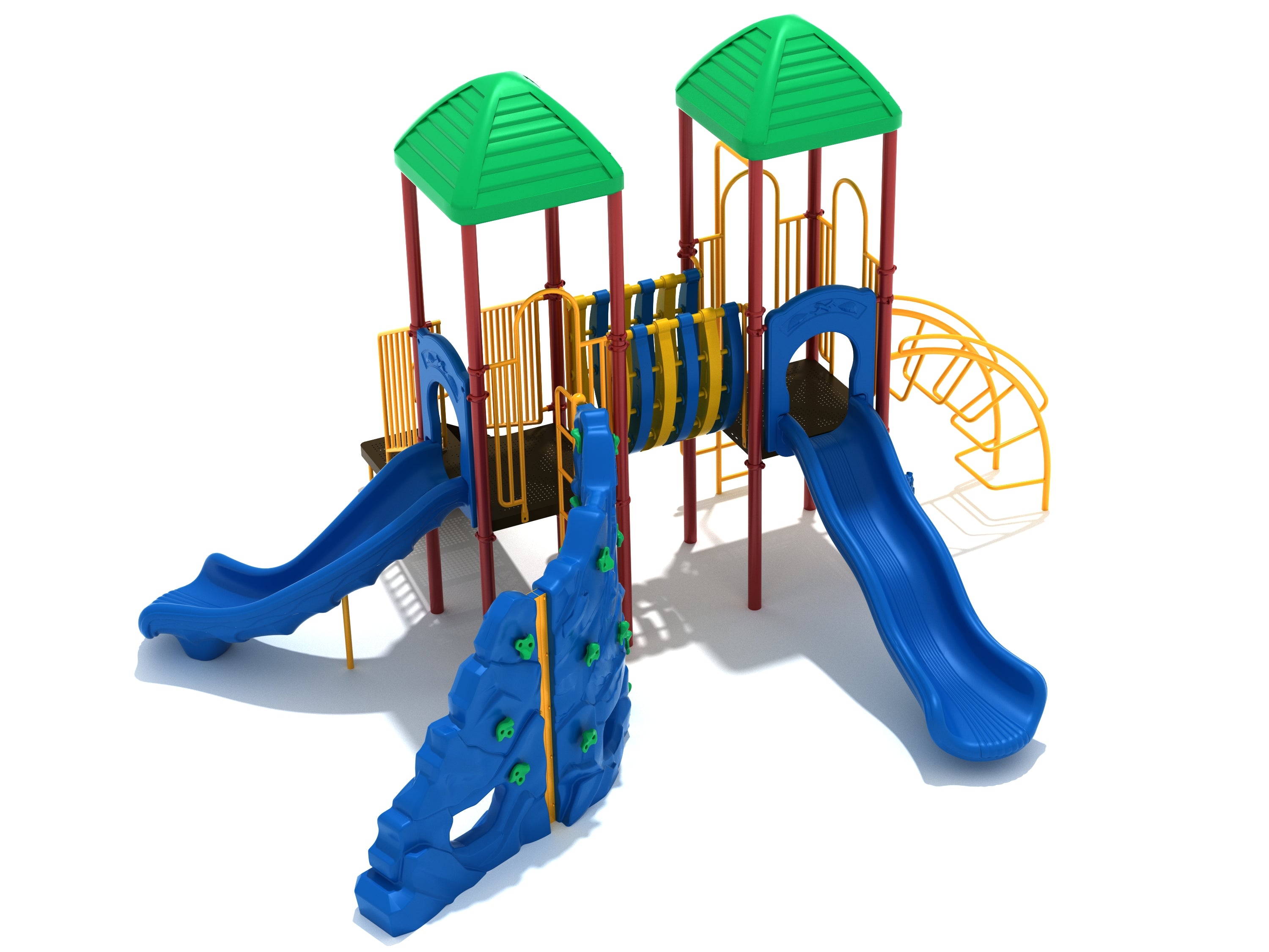 Colorful playground structure with two green roofs, blue slides, climbing wall, and yellow climbing bars