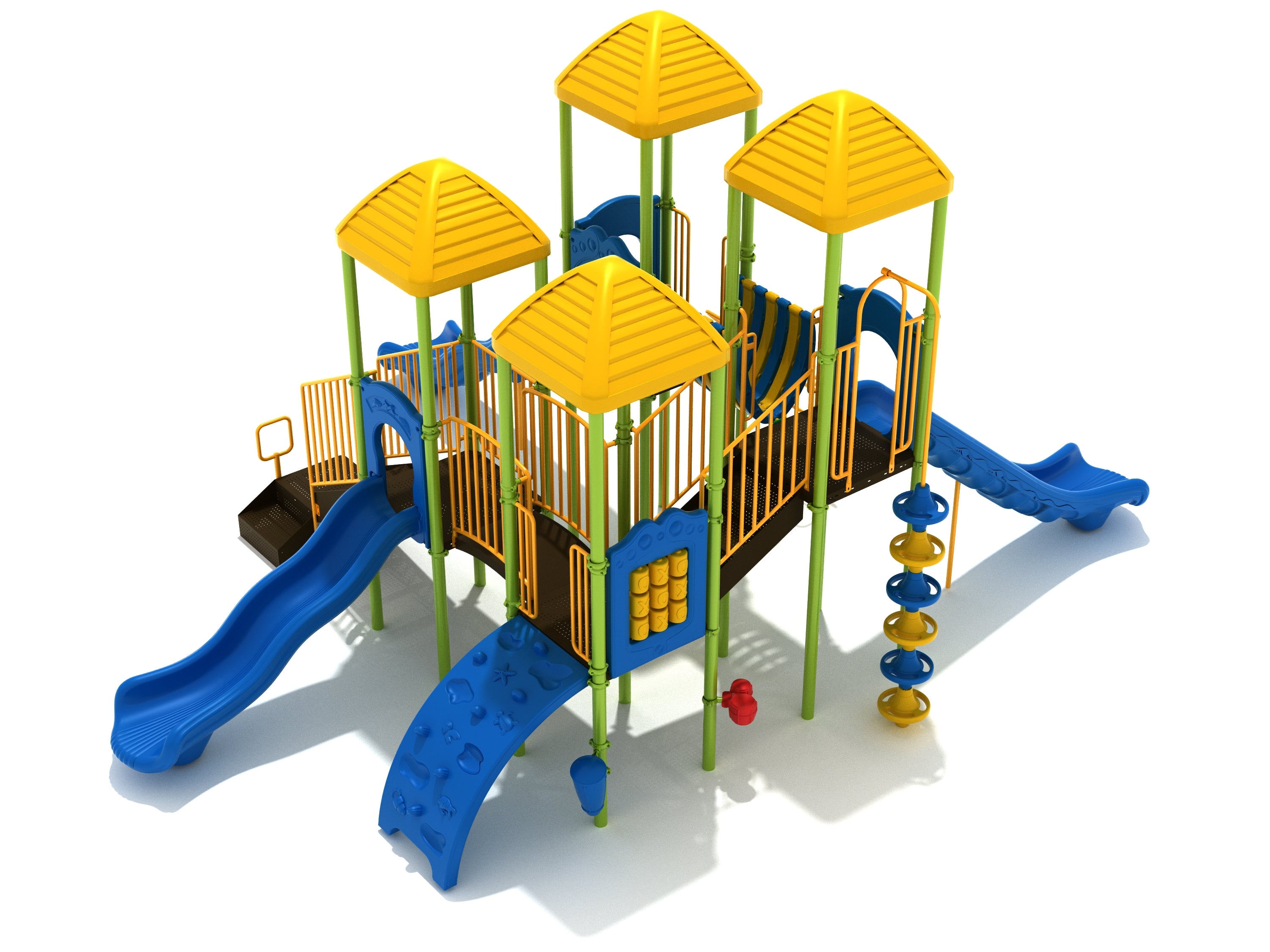 Colorful playground structure with yellow roofs, blue slides, climbing wall, interactive panels, and bridges in a rugged theme