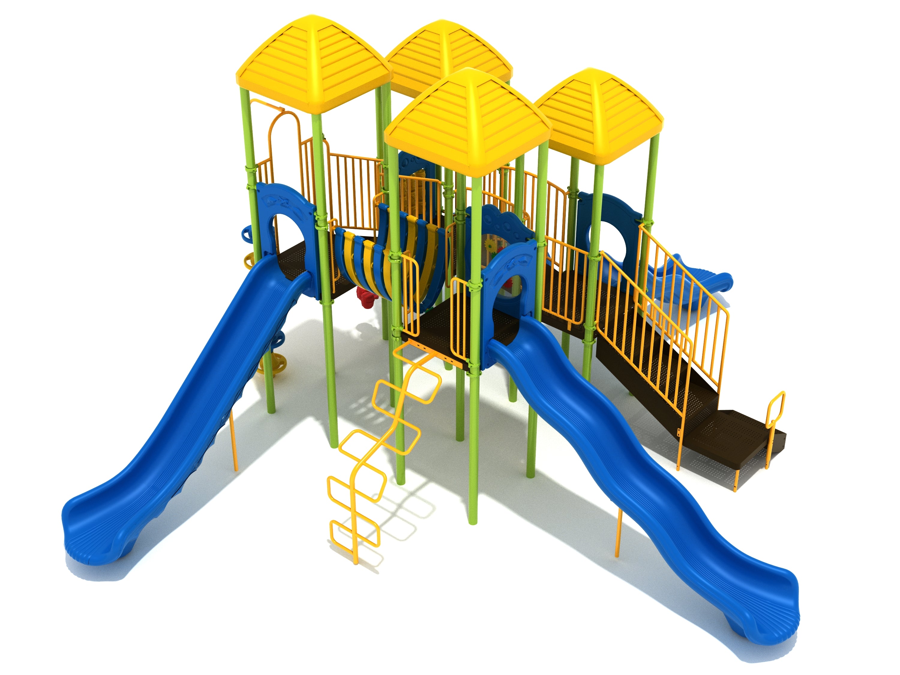 Colorful playground structure with yellow roofs, blue slides, green posts, orange railings, climbing elements, and interactive panels.
