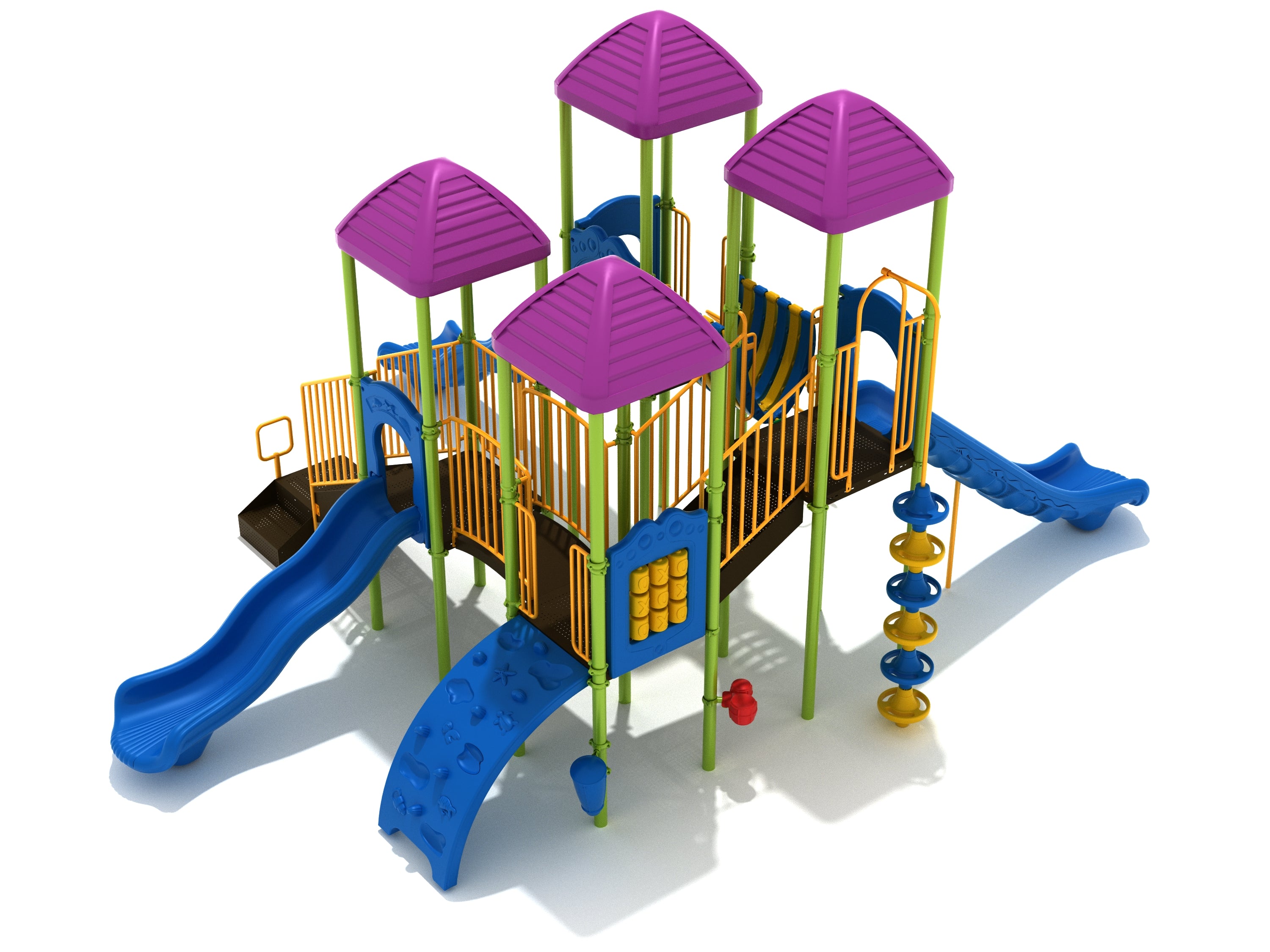 Colorful playground structure with purple roofs, blue slides, climbing wall, tic-tac-toe panel, and yellow railings