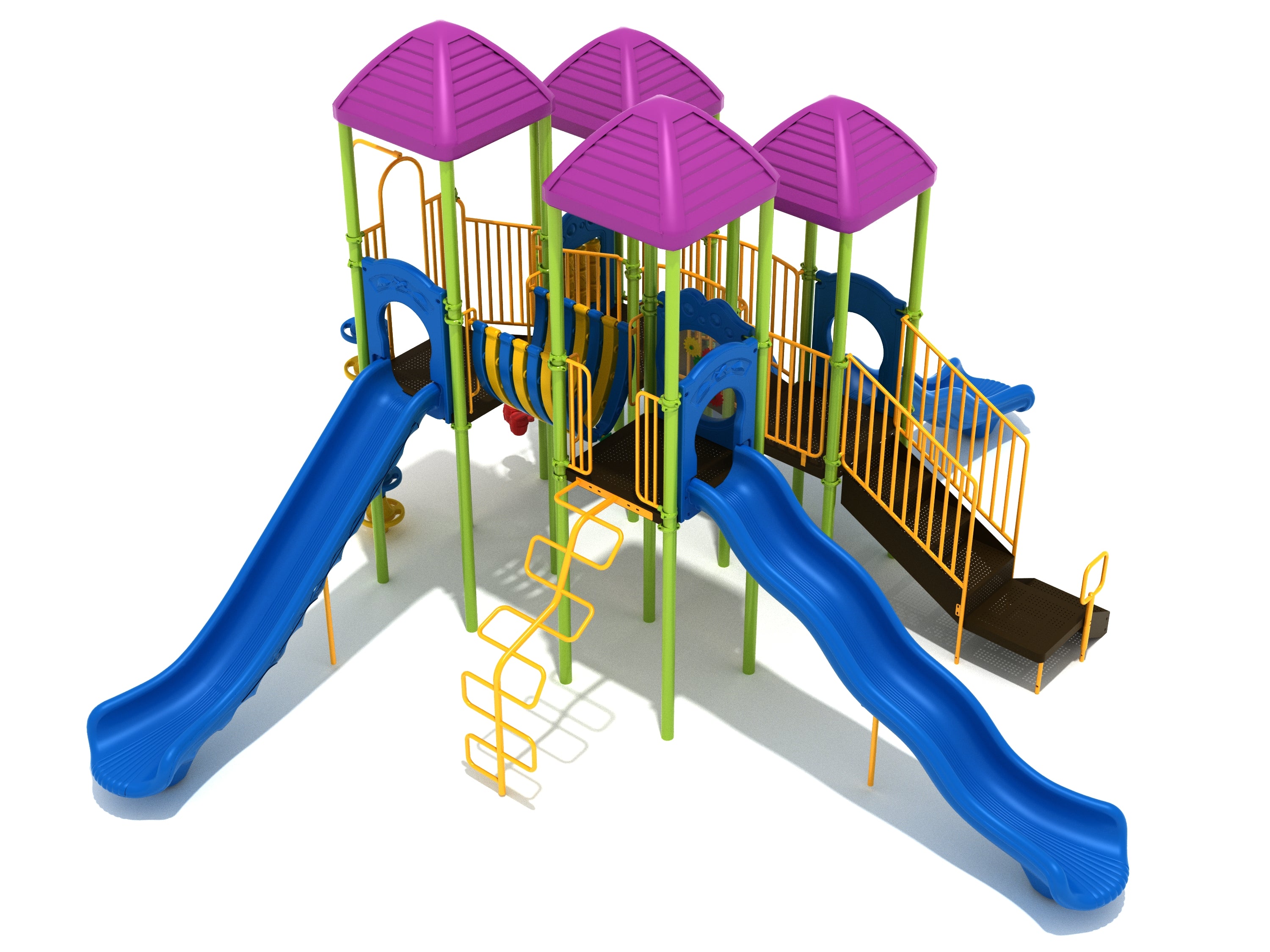 Colorful playground structure with purple roofs, blue slides, yellow railings, climbing ladder, and accessible ramp