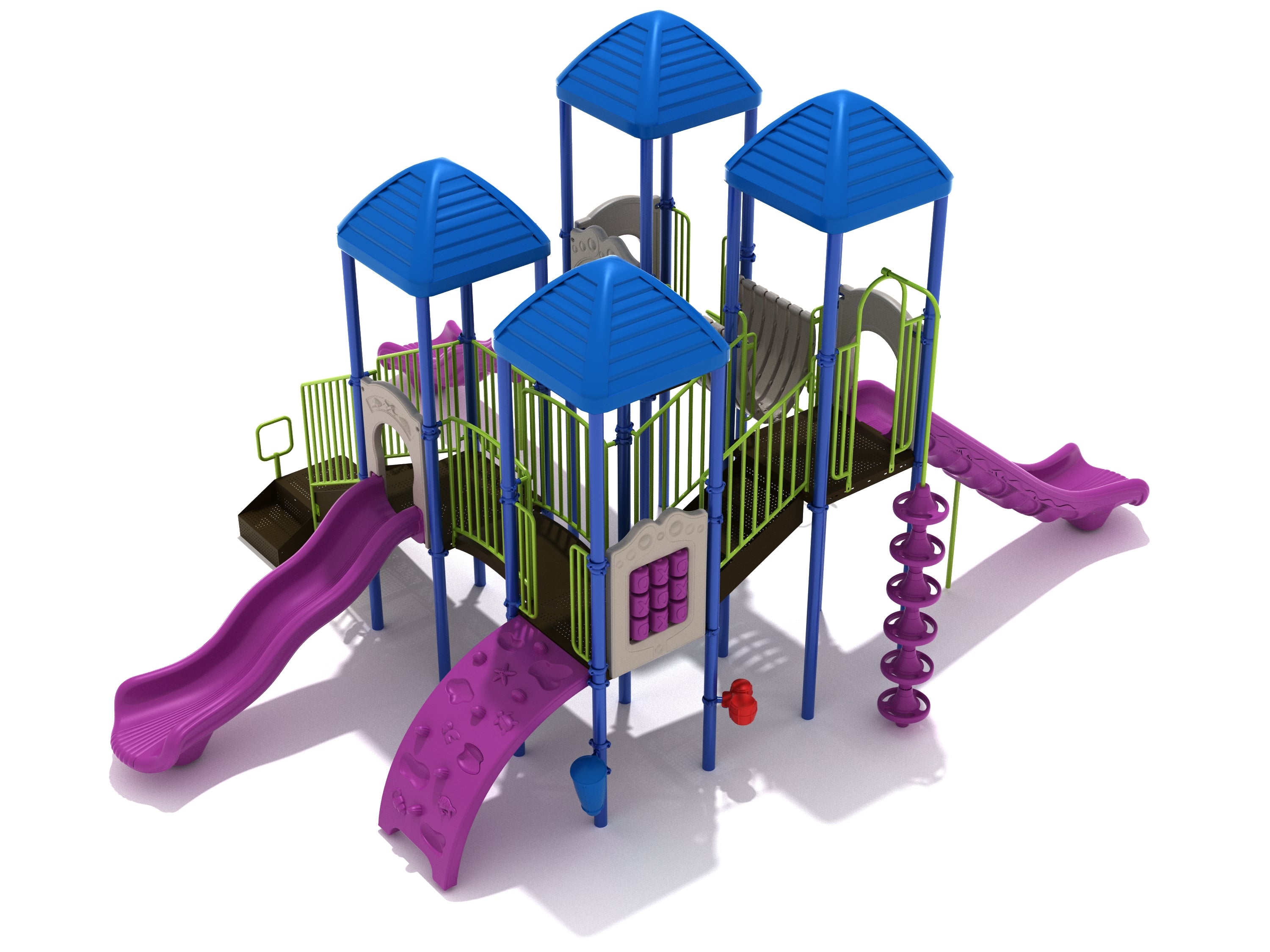 Colorful playground structure with blue roofs, purple slides, climbing wall, tic-tac-toe panel, and spiral climber