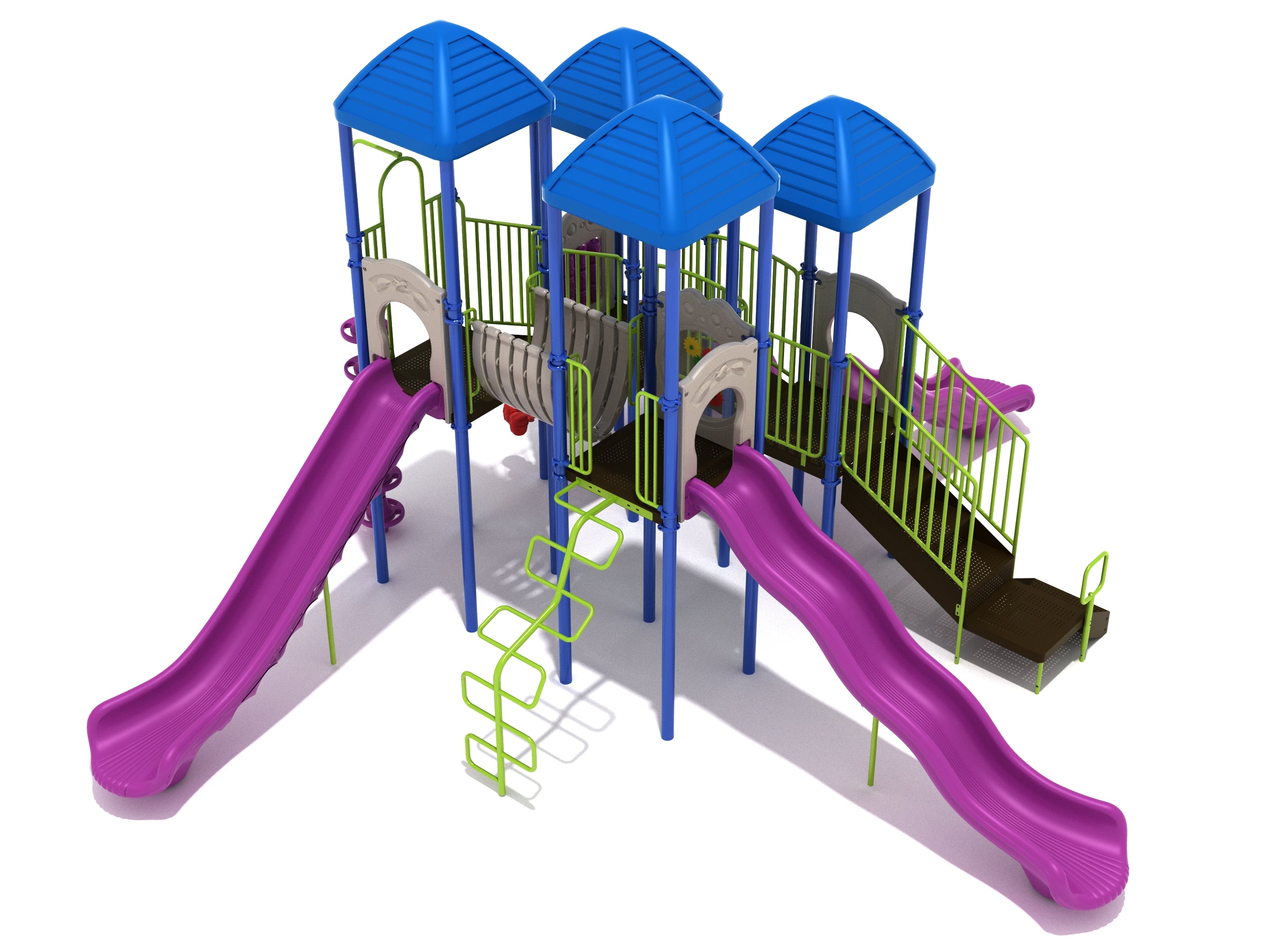 Colorful playground structure with blue roofs, purple slides, green climbing ladder, and connecting bridges