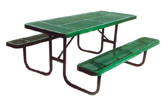 Green heavy-duty metal picnic table with perforated top and benches, featuring an accessible walk-through frame design