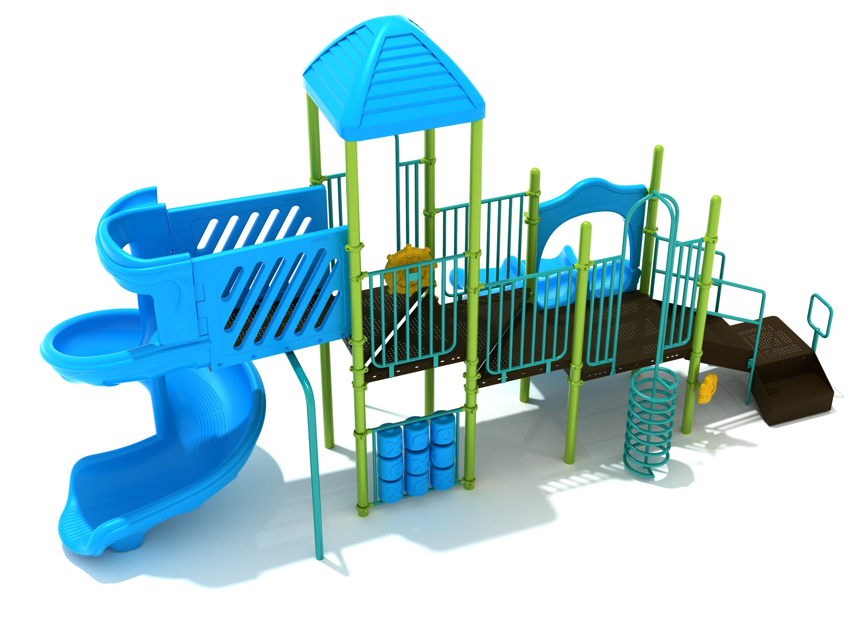 Annapolis Playground large play system with blue spiral slide, double slide, tic-tac-toe panel, green support poles, and climbing features