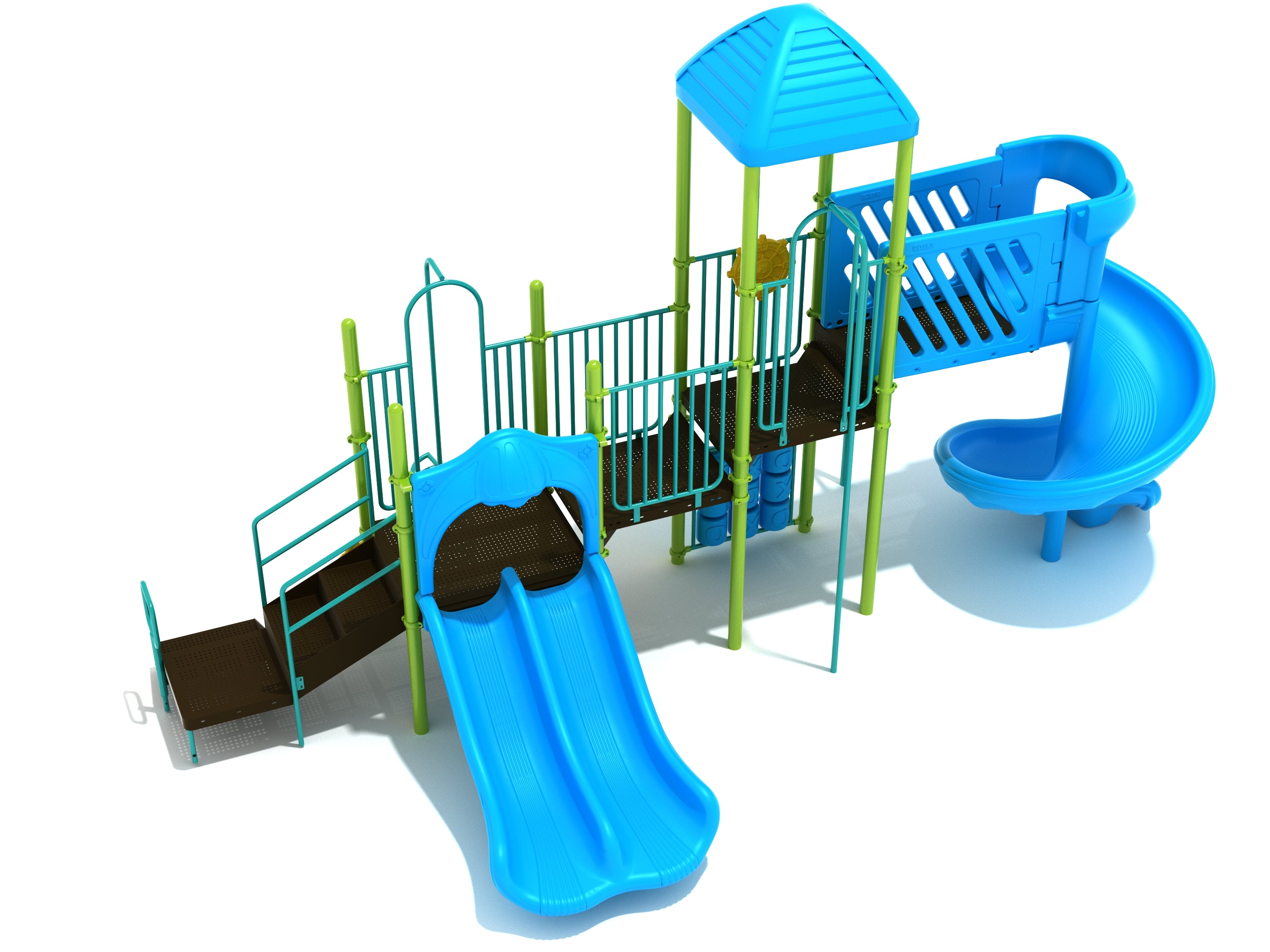 Blue and green playground structure with double slide, spiral slide, stairs, fireman pole, tic-tac-toe panel, ship’s wheel, and rain wheel