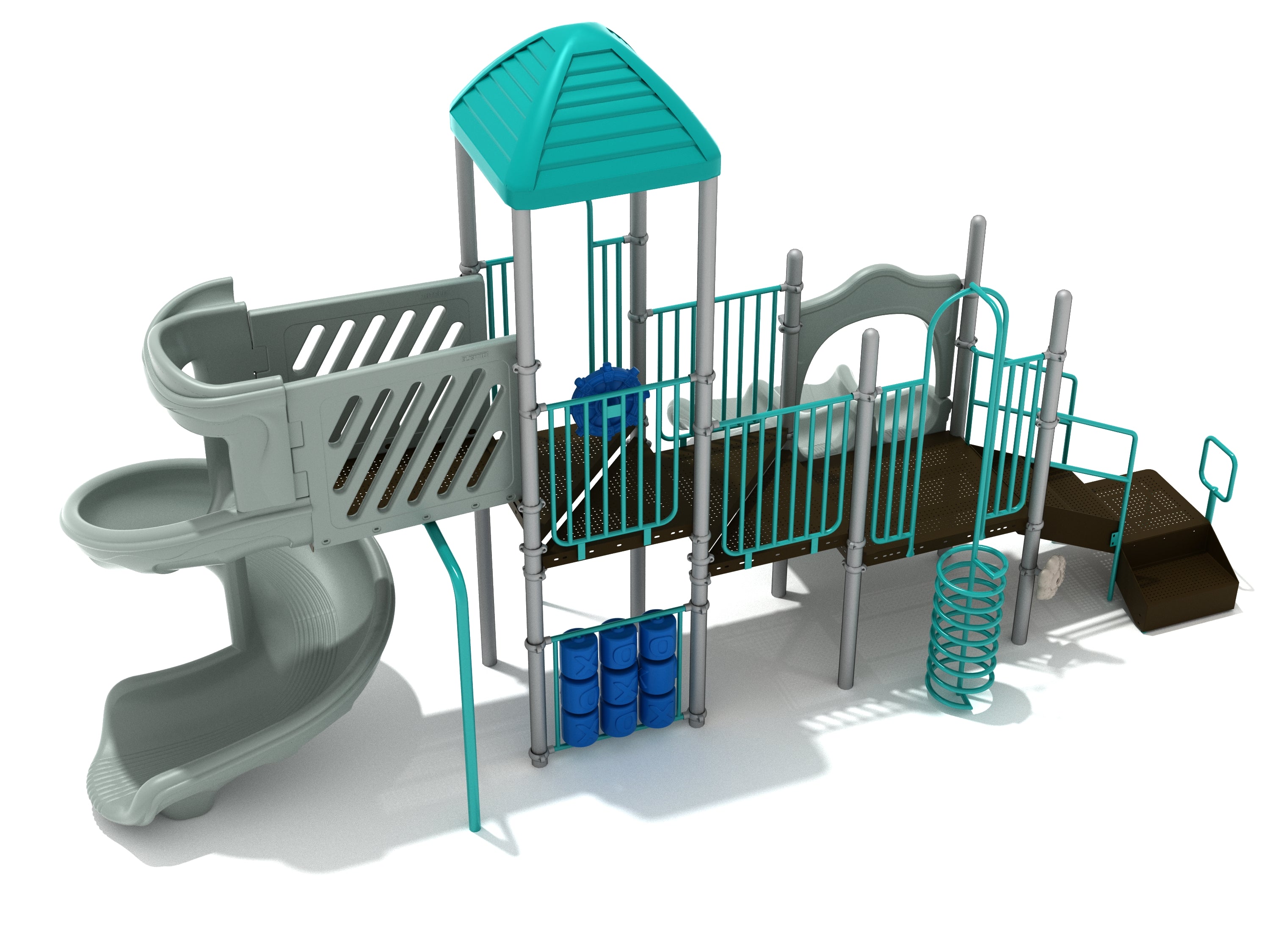 Teal and gray commercial playground with spiral slide, double slide, spiral climber, tic-tac-toe panel, and ship’s wheel
