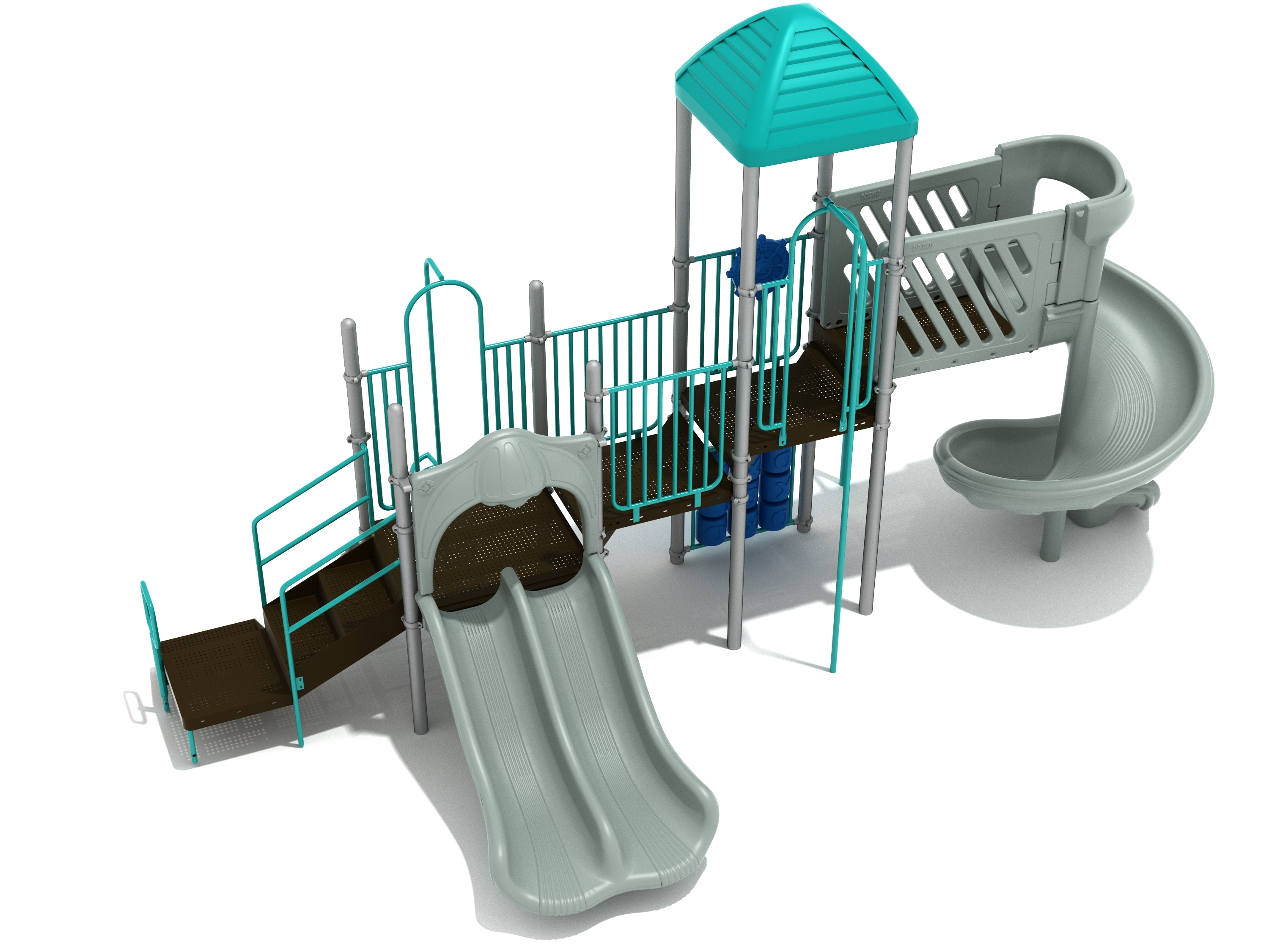 Playground structure with teal roof, double slide, large spiral slide, fireman pole, spiral climber, and tic-tac-toe panel