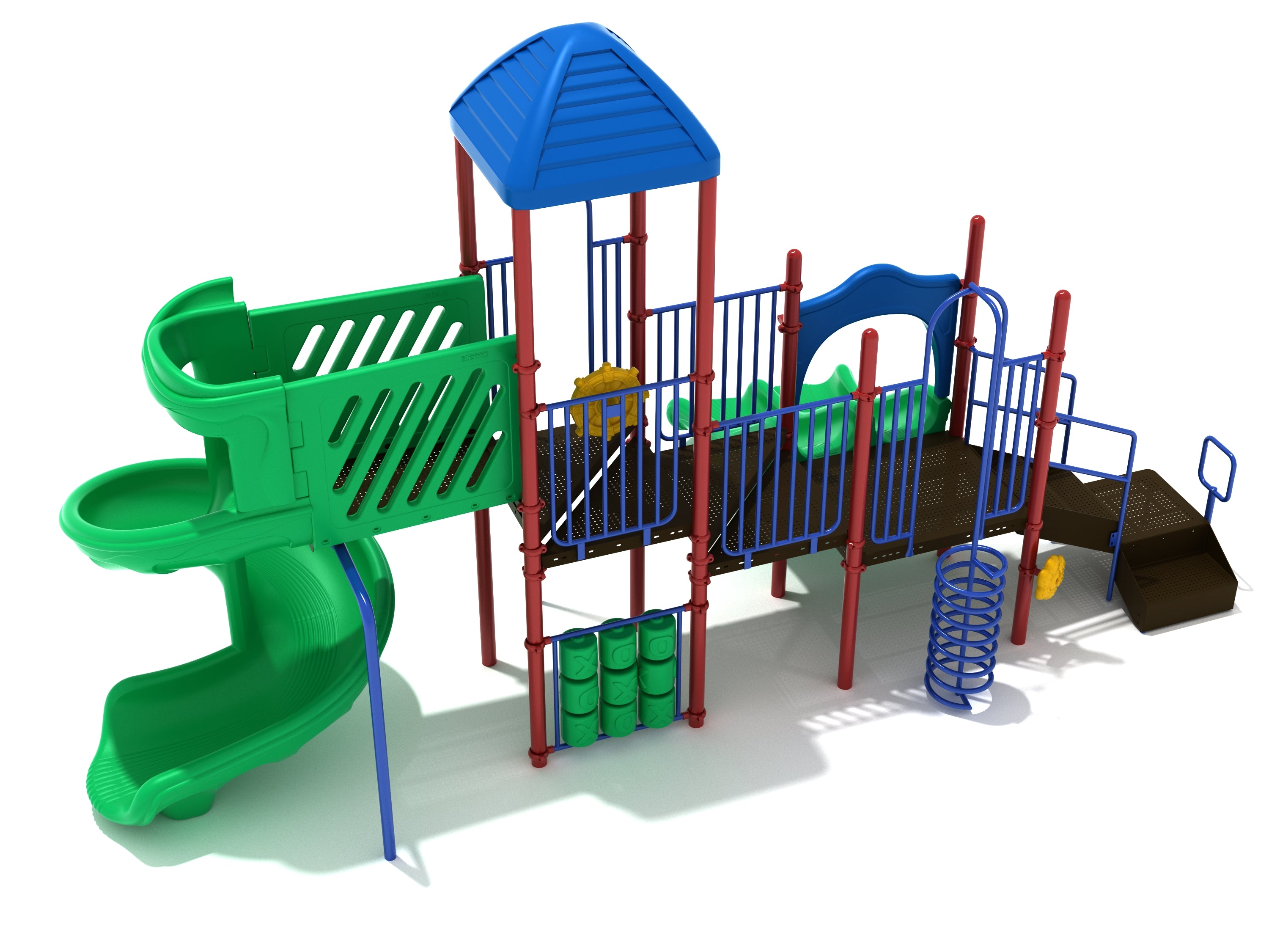 Commercial playground with blue canopy, green spiral slide, double slides, spiral climber, tic-tac-toe panel, and ship’s wheel