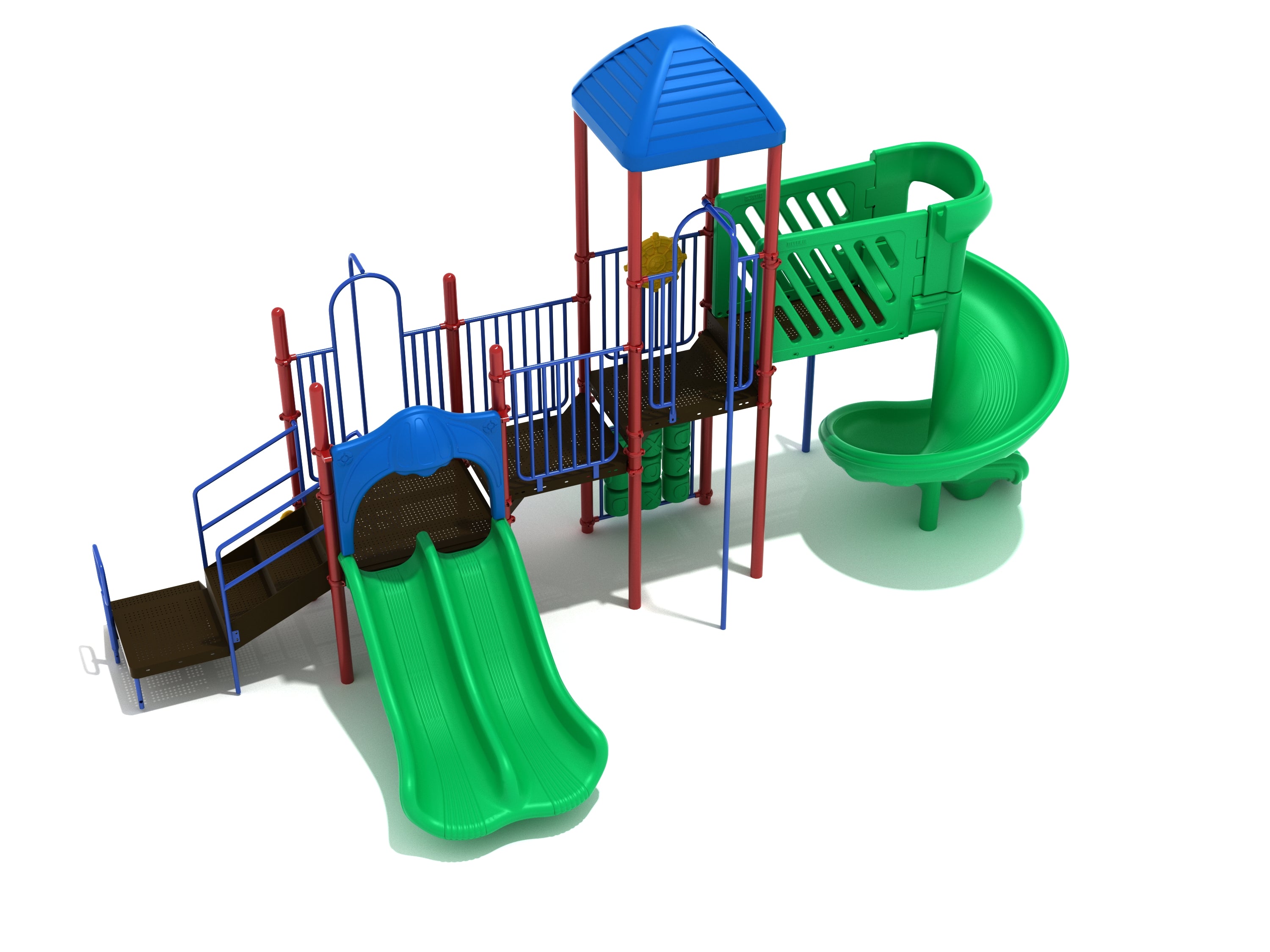 Commercial playground structure with green double and spiral slides, blue roof, ramp, stairs, and tic-tac-toe panel.