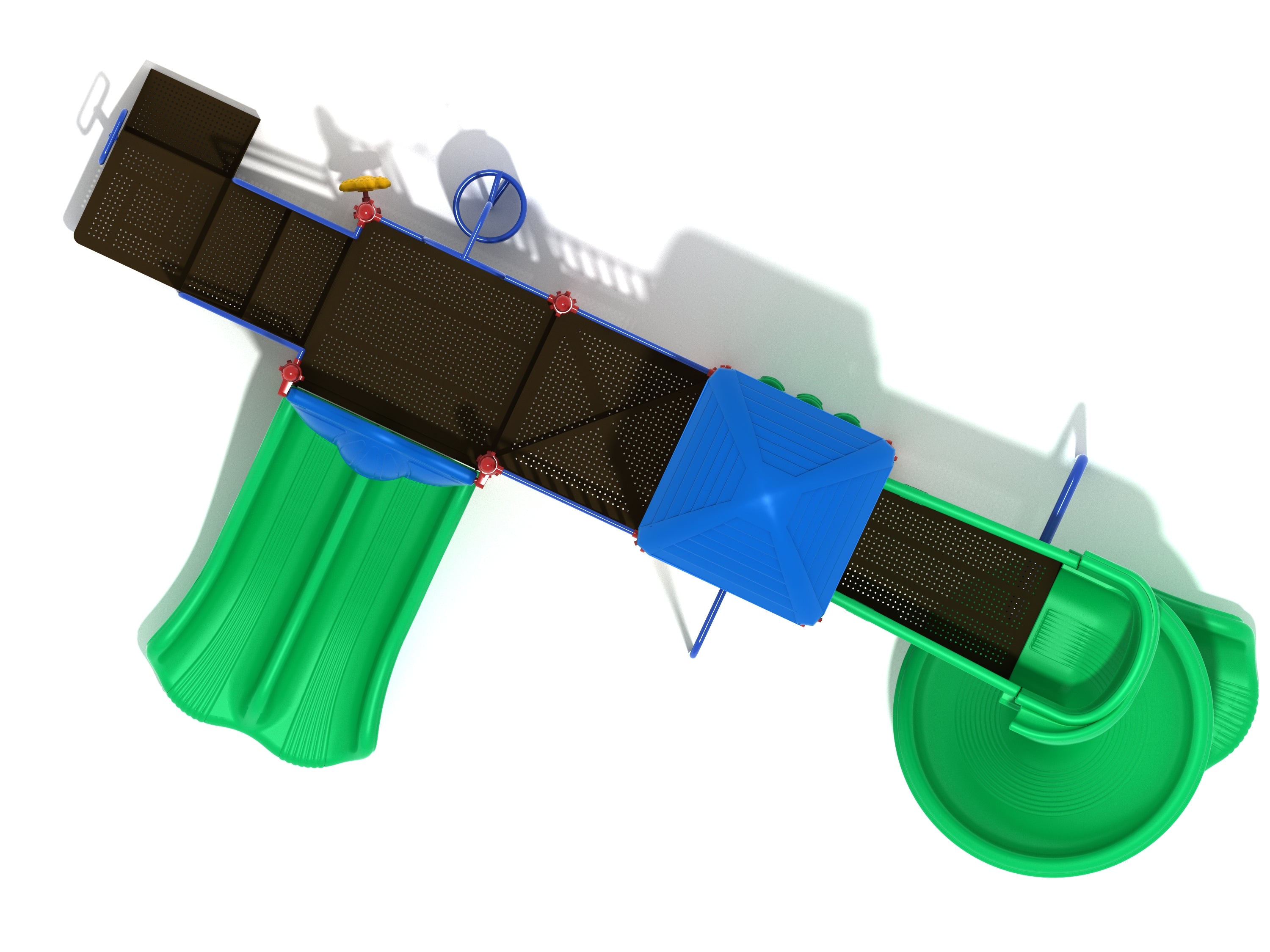Overhead view of modular playground with blue canopy, double slide, large spiral slide, climber, and activity panels