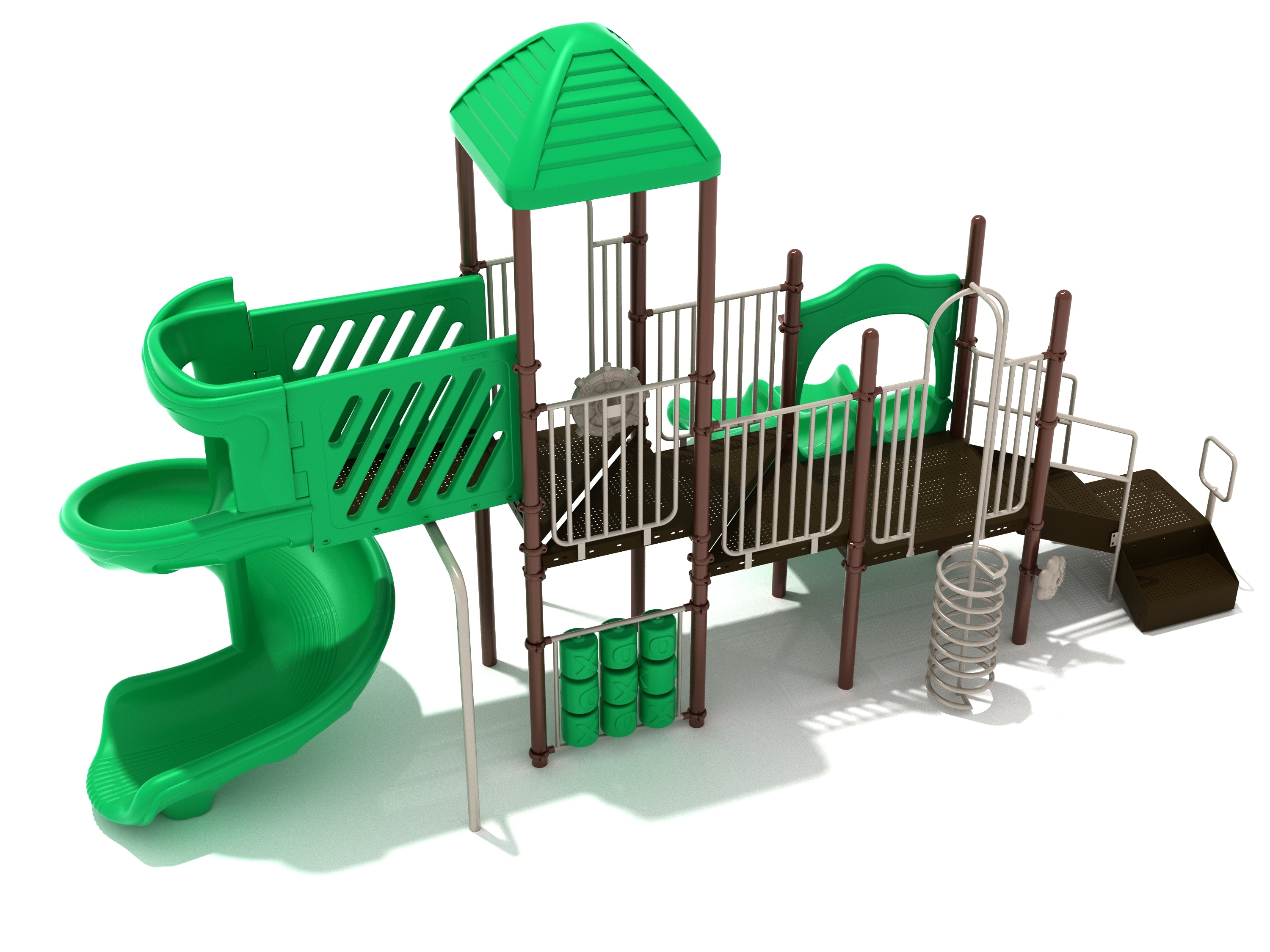 Commercial playground structure with green spiral slide, straight slide, spiral climber, roofed tower, and tic-tac-toe panel