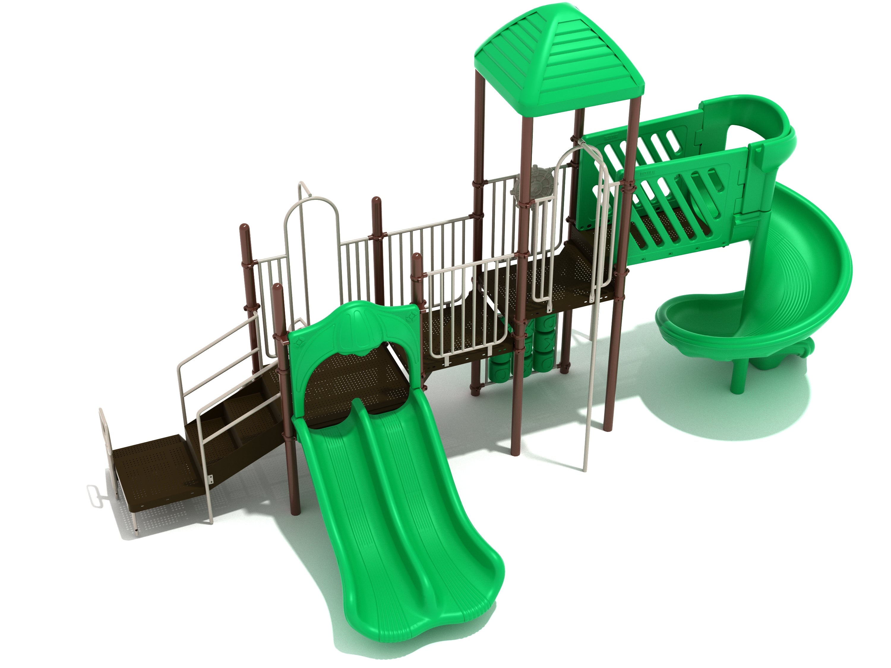 Green and brown playground structure with double slide, large spiral slide, stairs, fireman pole, and play panels