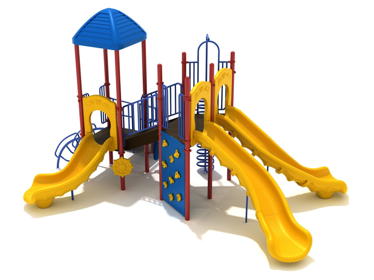 Independence Playground large play system with three yellow slides, blue rock climbing wall, spiral climber, and red support posts