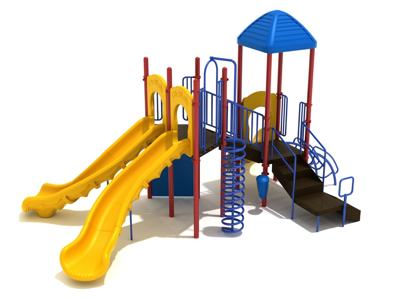 Colorful playground structure with two large yellow turn slides, spiral climber, rock climbing wall, stairs, and blue canopy roof