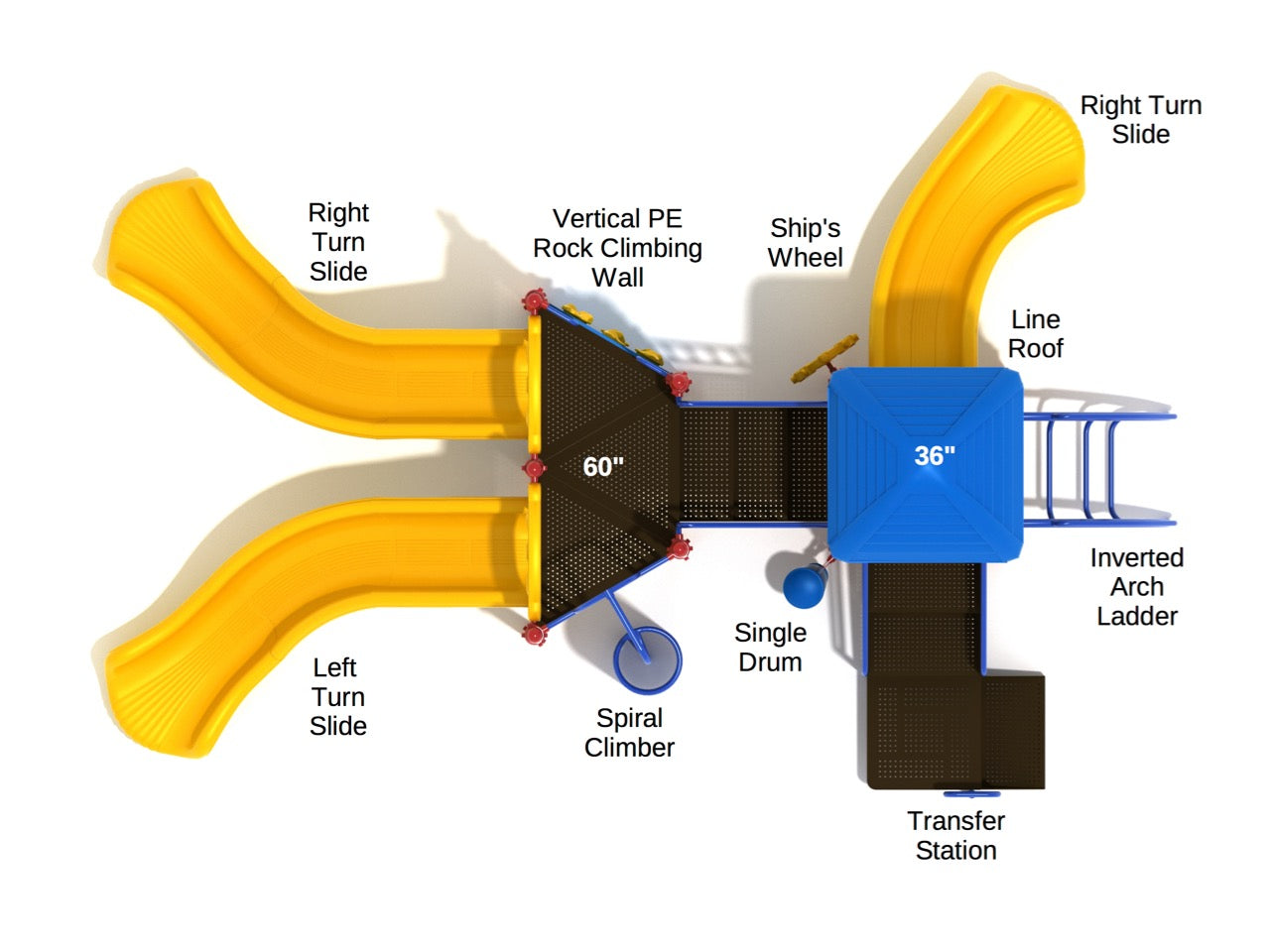 Overhead view of large playground structure with yellow turn slides, vertical rock climbing wall, spiral climber, and blue roof