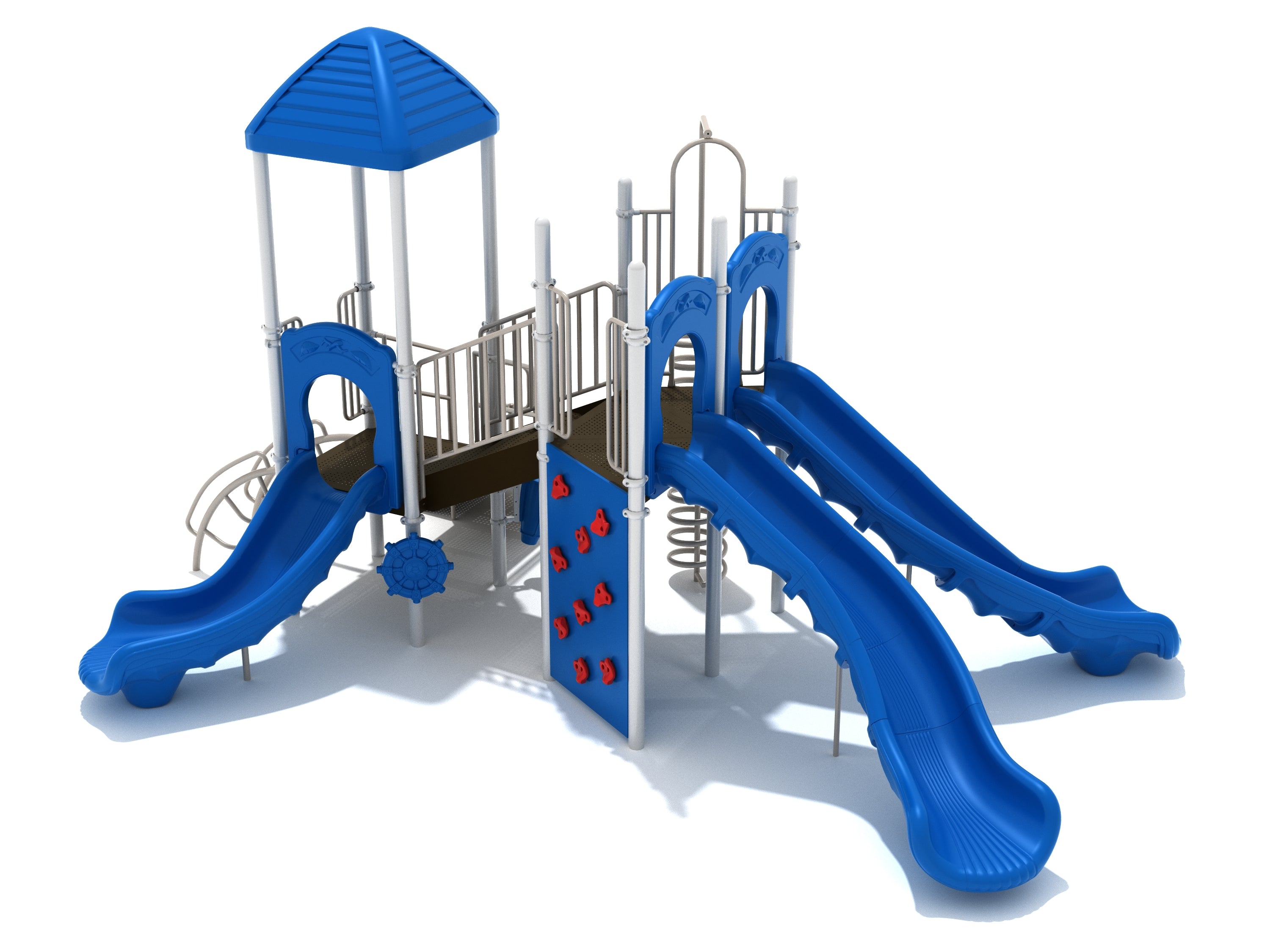 Large blue playground structure with three slides, rock climbing wall, spiral climber, and elevated platforms.