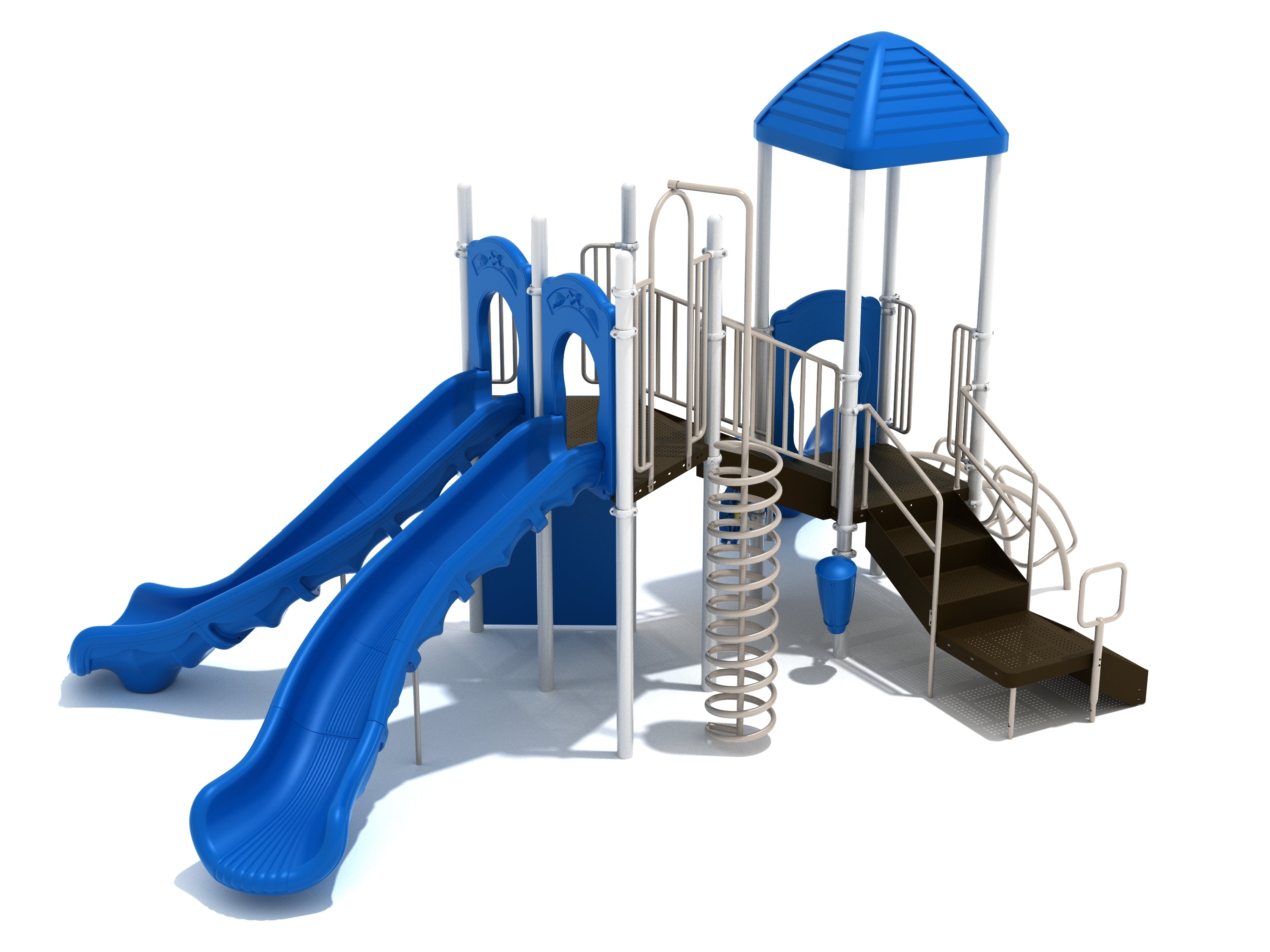 Blue and brown playground structure with two large turn slides, spiral climber, stairs, and blue canopy roof