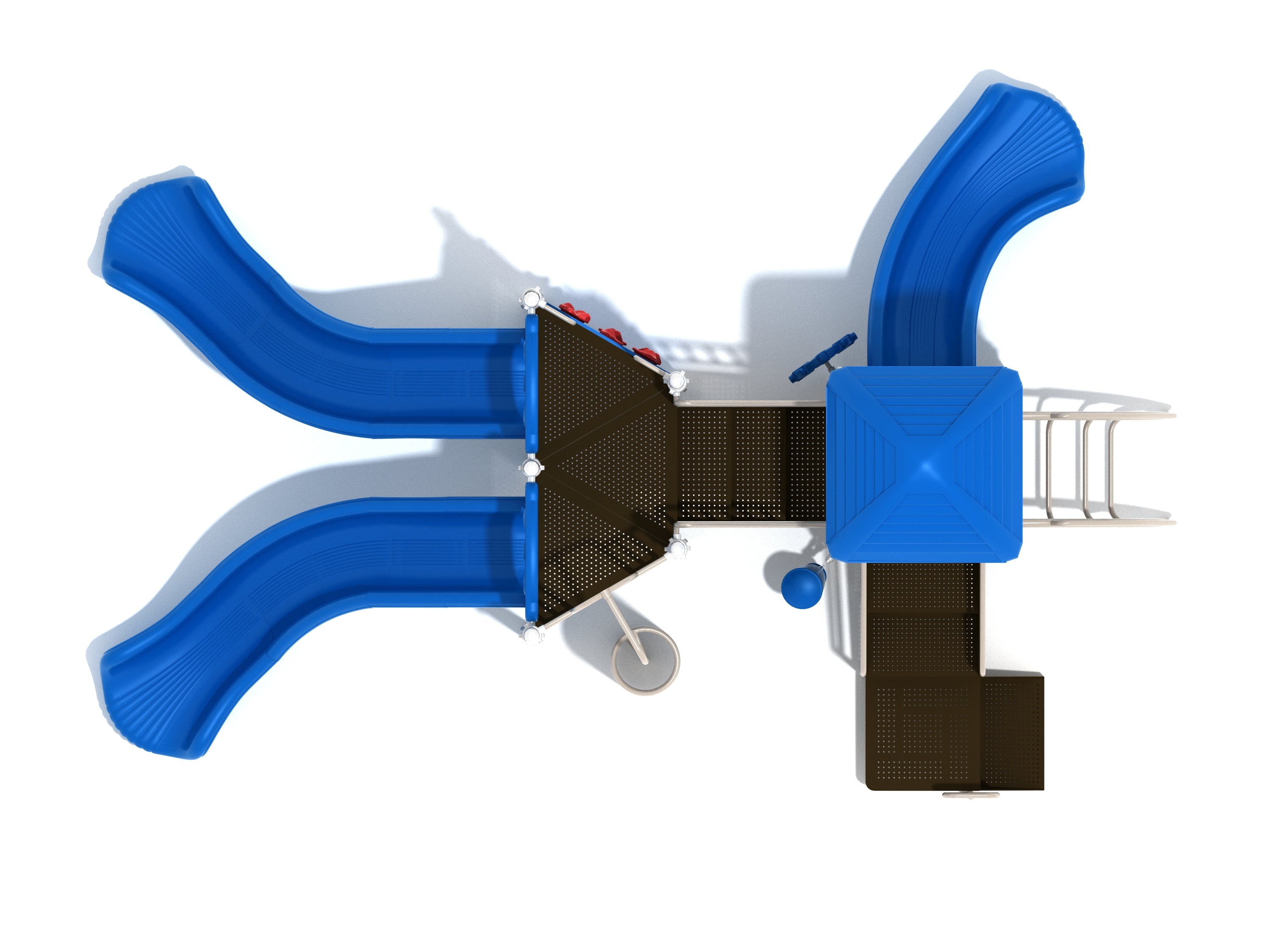 Overhead view of large playground structure with three blue turn slides, vertical rock climbing wall, spiral climber, and shaded platform
