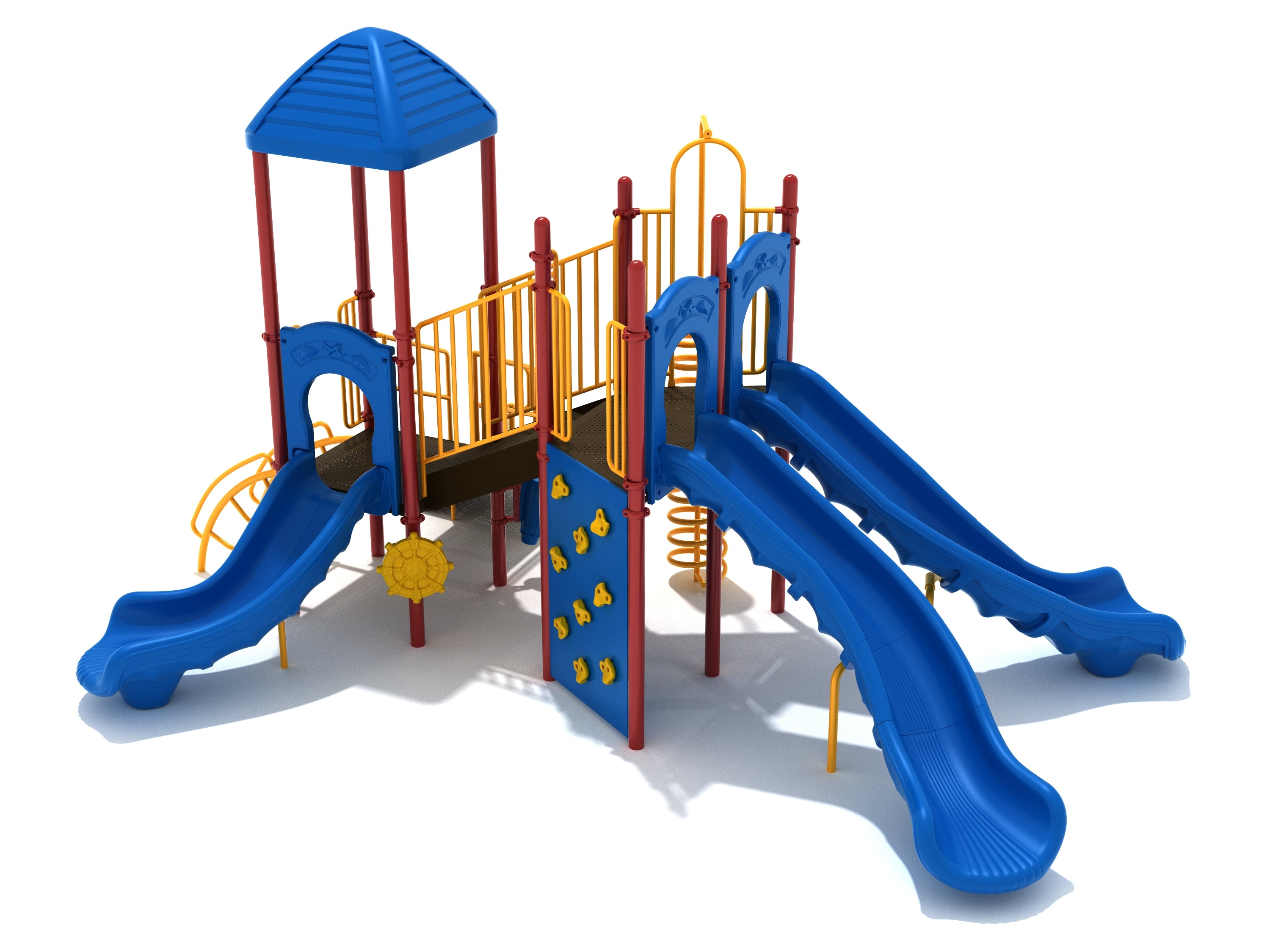 Large playground structure with three blue turn slides, yellow rock climbing holds, spiral climber, and red support posts
