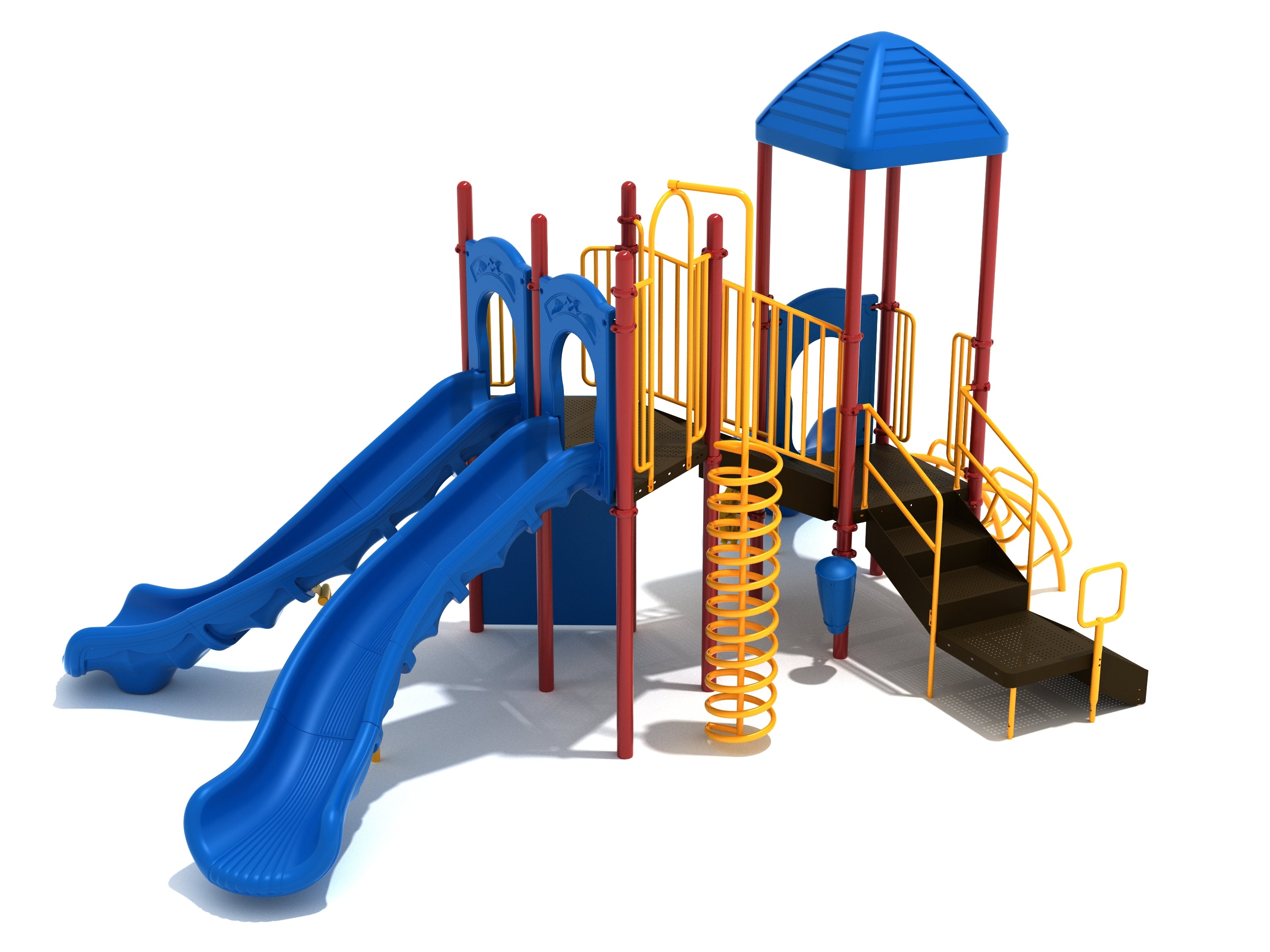 Large playground structure with two blue turn slides, spiral climber, vertical rock climbing wall, stairs, and blue canopy roof