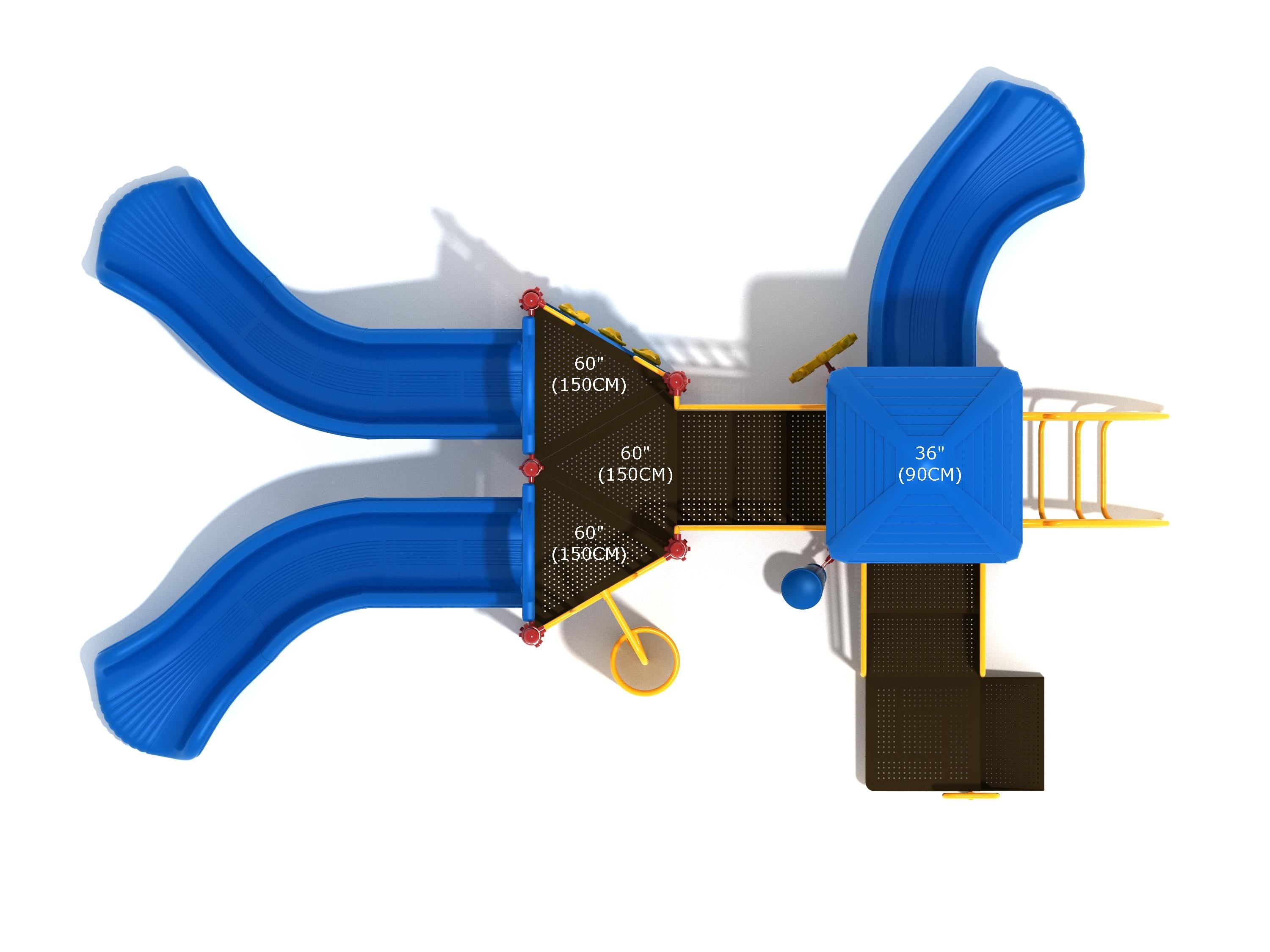 Overhead view of a large playground structure with three blue slides, vertical rock climbing wall, spiral climber, and yellow railings