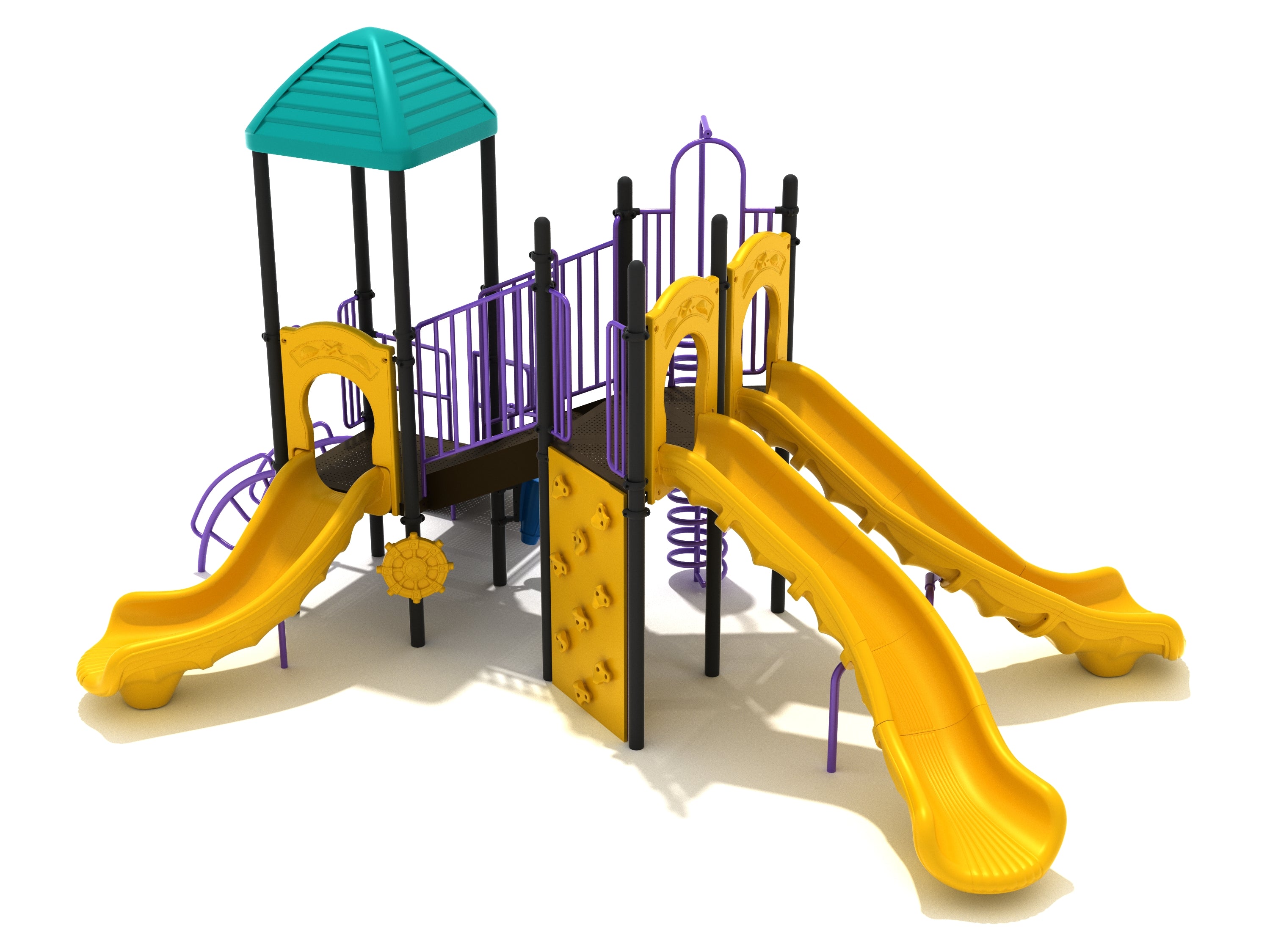 Large playground structure with three yellow slides, purple railings, teal roof canopy, rock climbing wall, and spiral climber