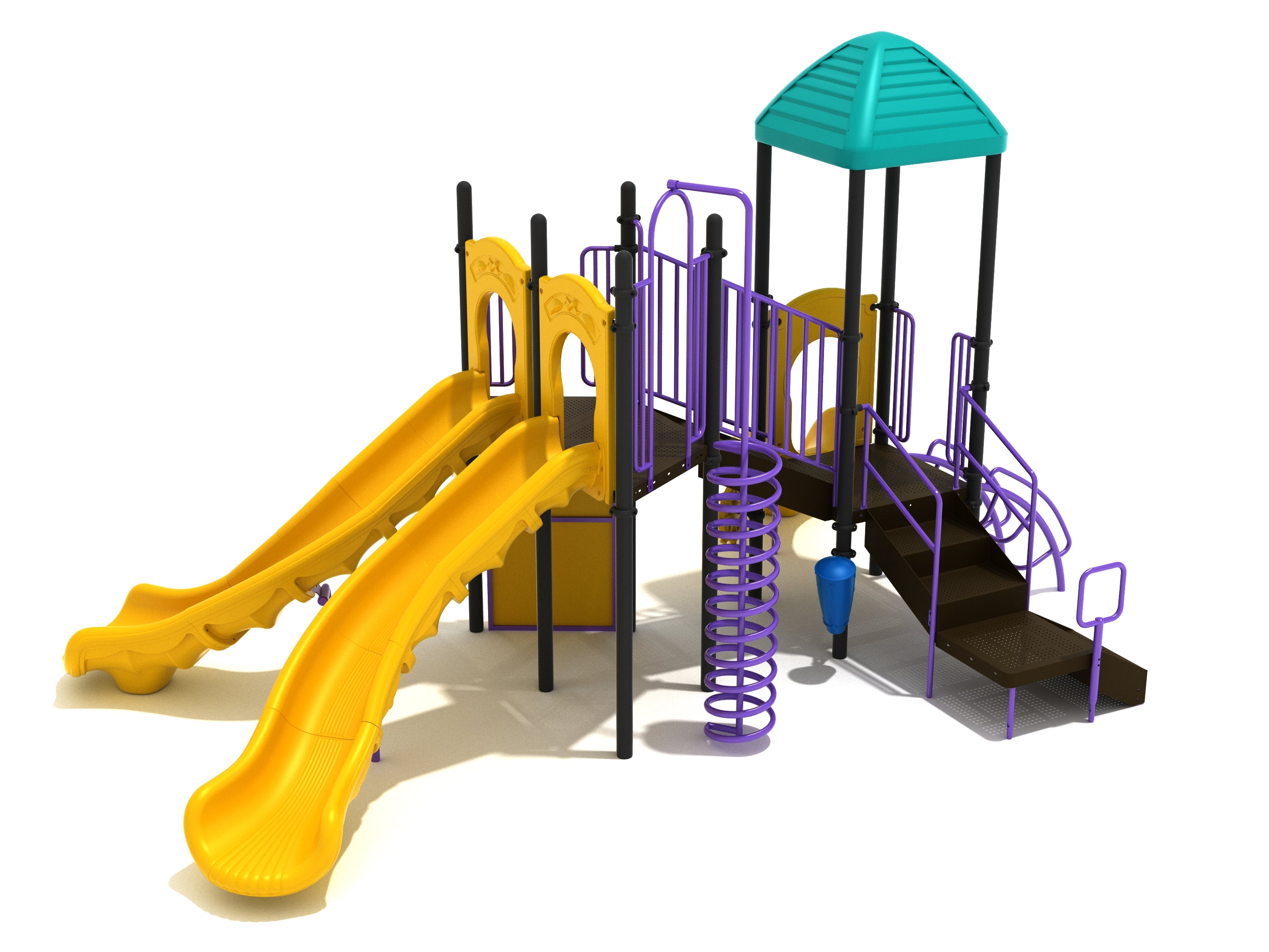 Colorful playground structure with two large yellow turn slides, spiral climber, stairs, and teal roof canopy