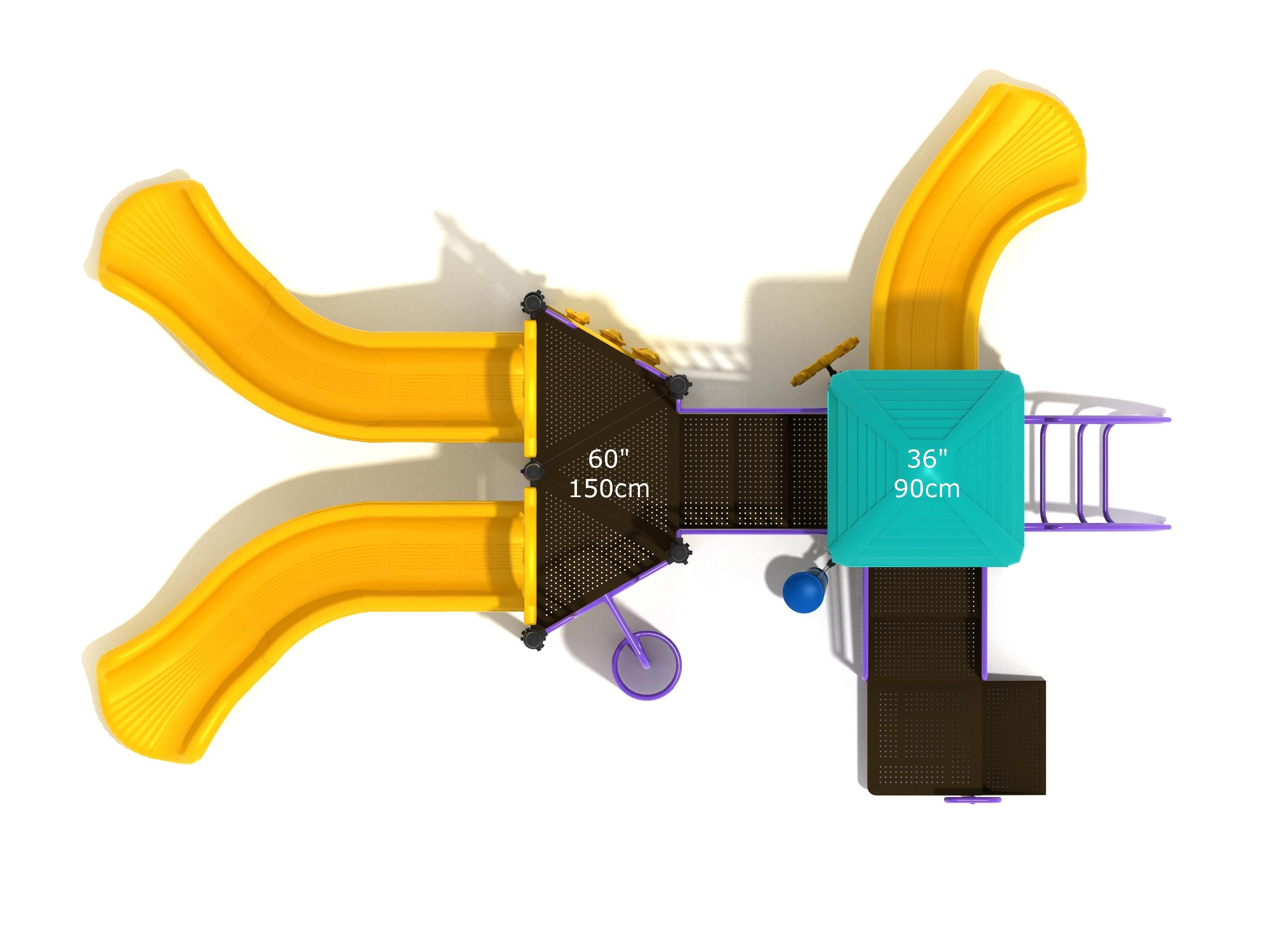 Overhead view of a colorful playground with three yellow slides, vertical rock climbing wall, spiral climber, and teal roofed platform