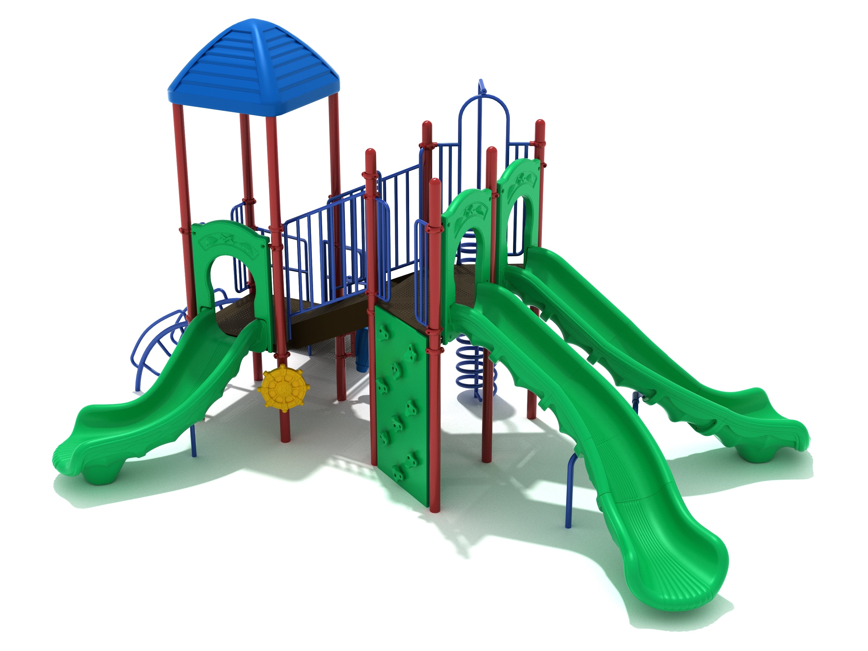 Colorful playground structure with three green slides, vertical rock climbing wall, spiral climber, and blue roof.
