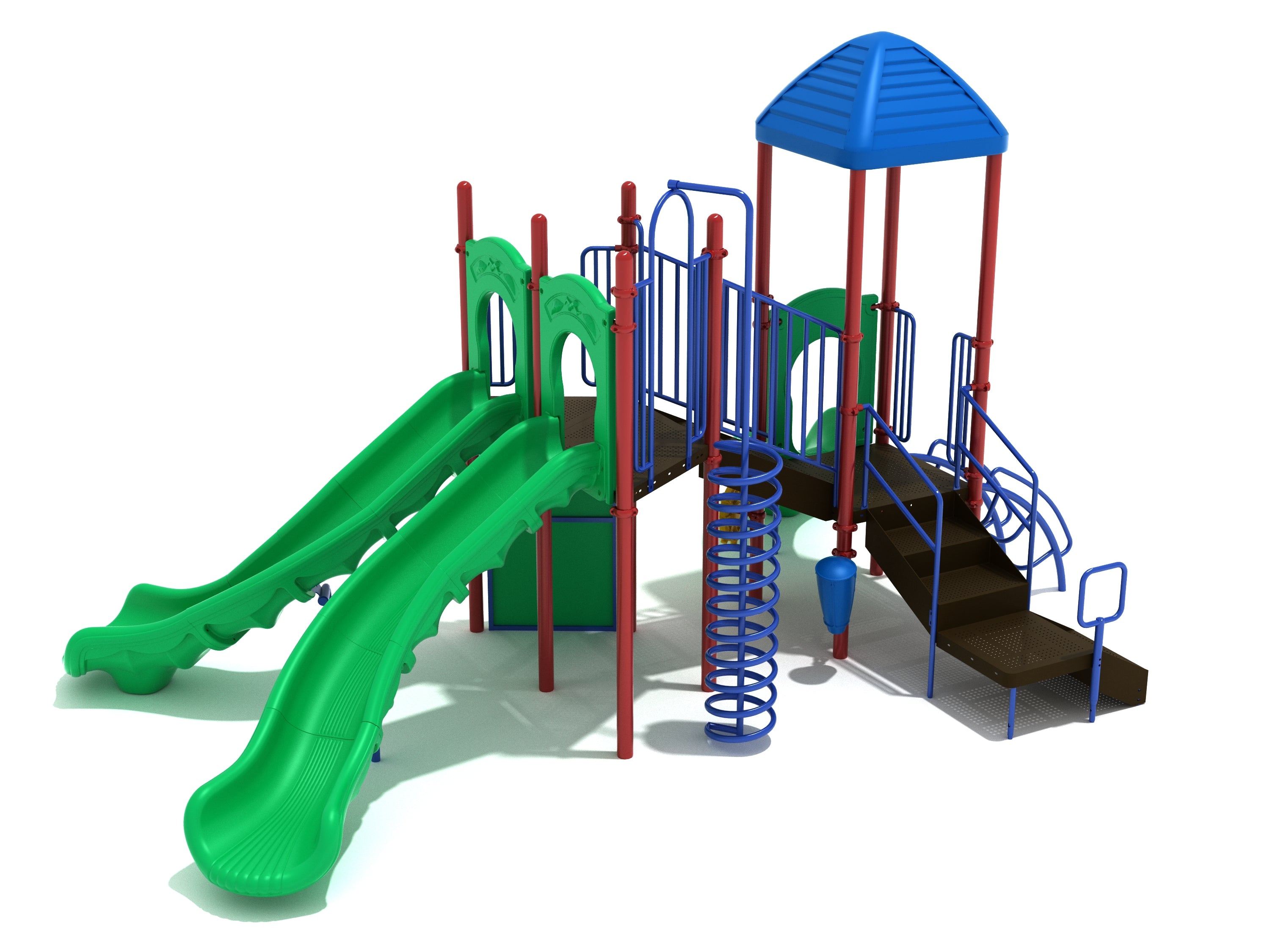 Colorful playground structure with two large green turn slides, spiral climber, rock climbing wall, stairs, and blue canopy roof