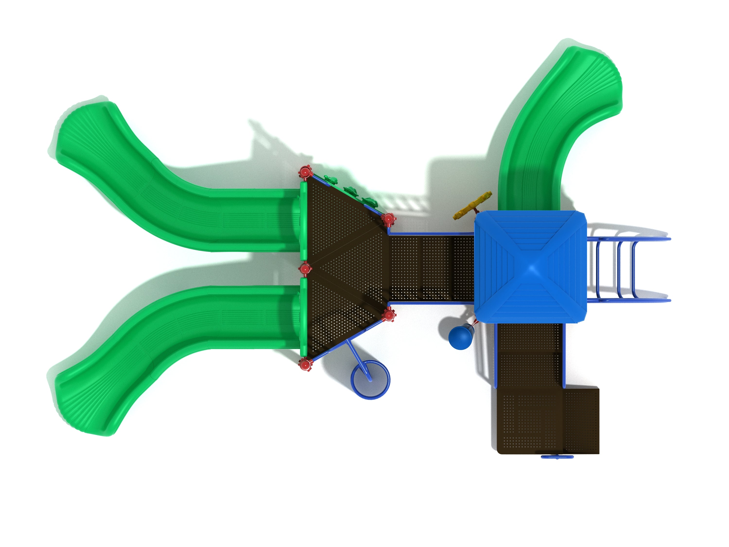 Overhead view of large playground structure with three green slides, blue roof, vertical rock climbing wall, and spiral climber