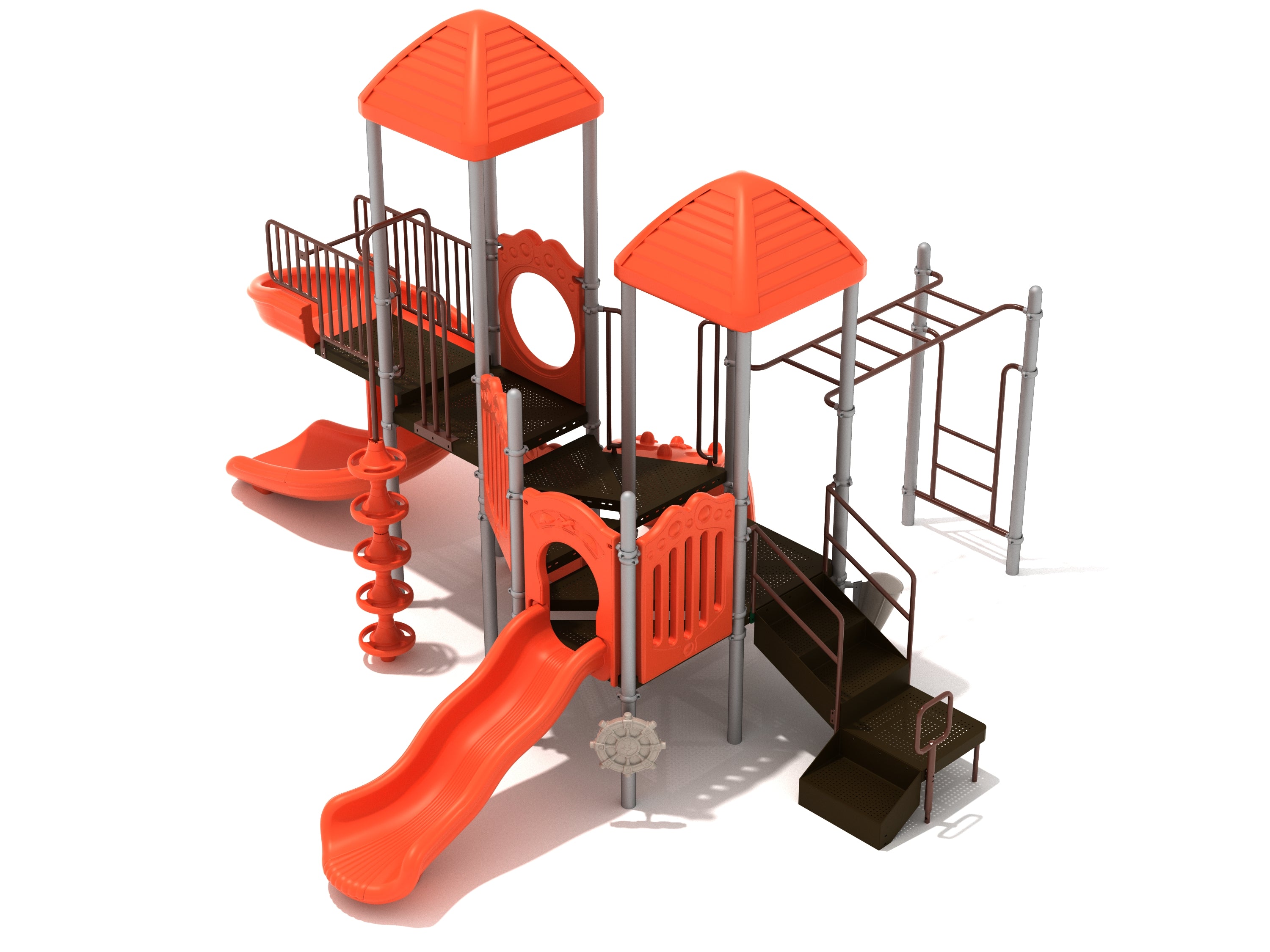 Outdoor kids play structure with orange slides, climbing features, monkey bars, and two roofed platforms