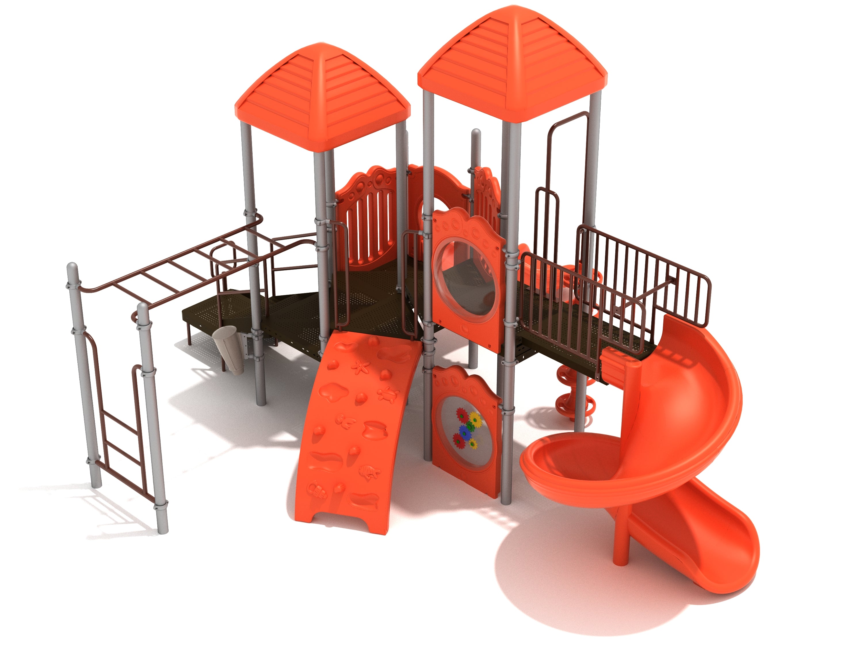 Outdoor playground structure with two orange roofs, spiral slide, climbing wall, monkey bars, and gear panel