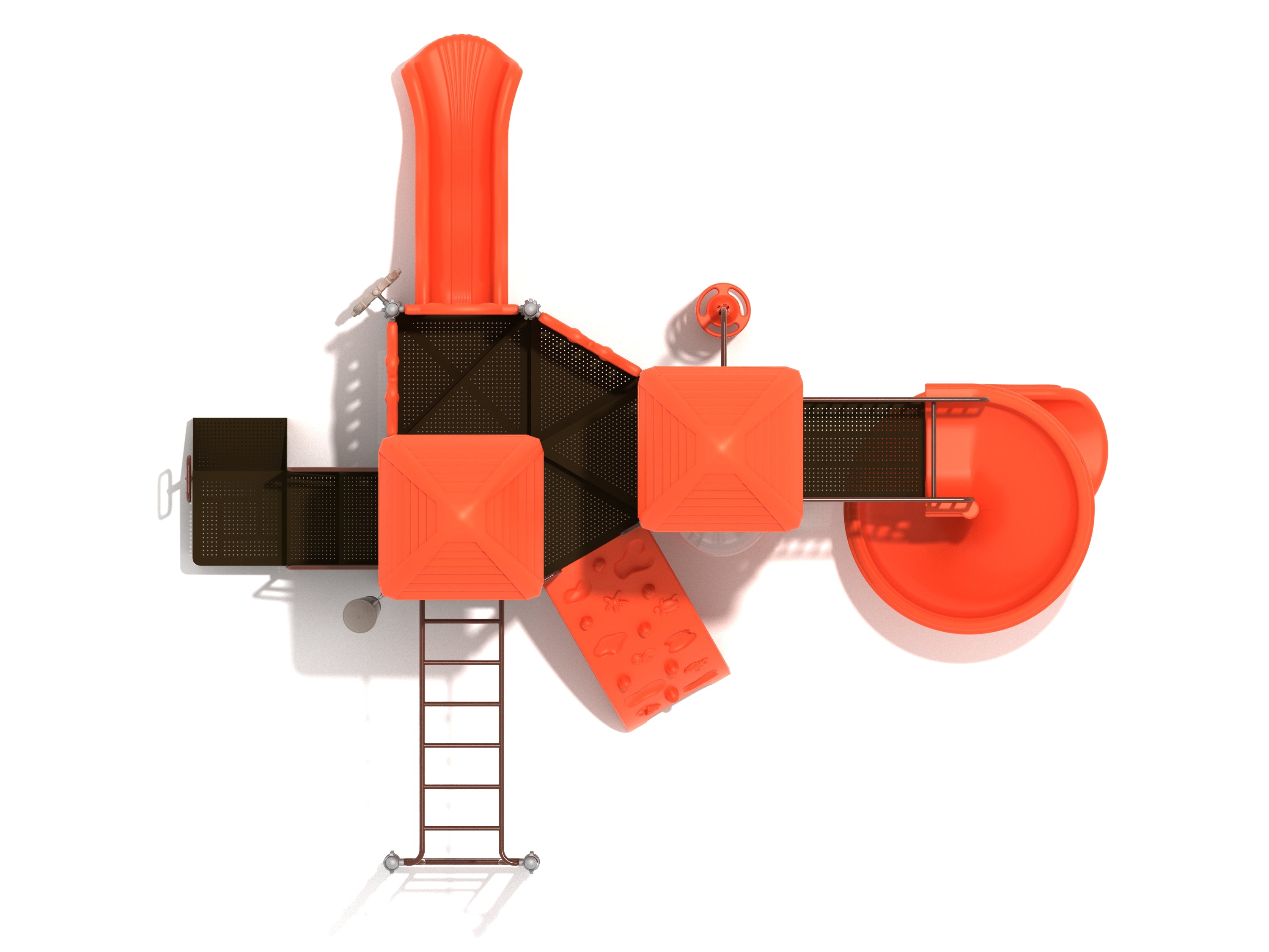 Overhead view of large orange and brown playground structure with slides, climbers, platforms, and nautical-themed details