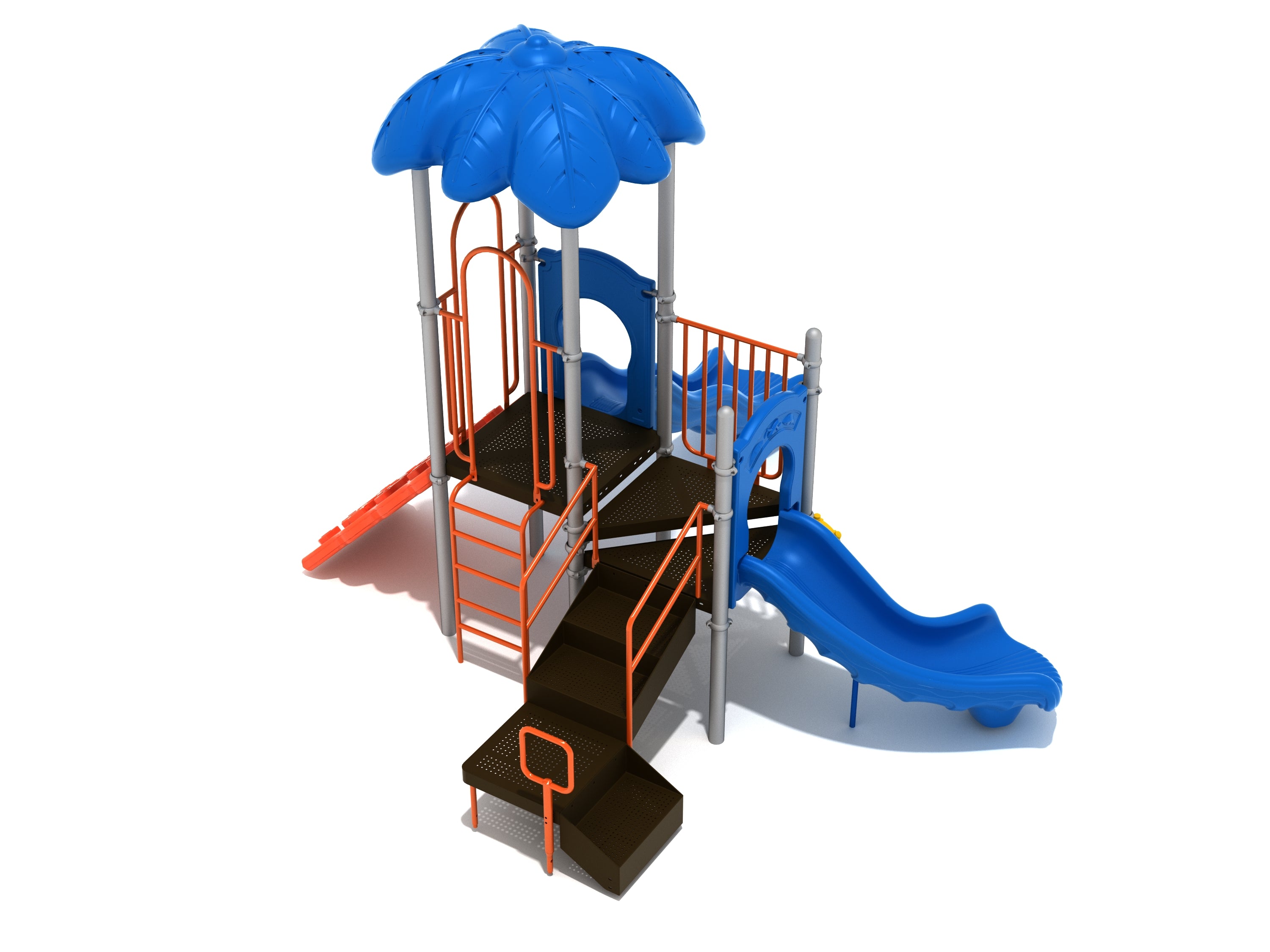 Compact outdoor play structure with blue leaf-shaped roof, blue slides, orange railings, and brown platforms