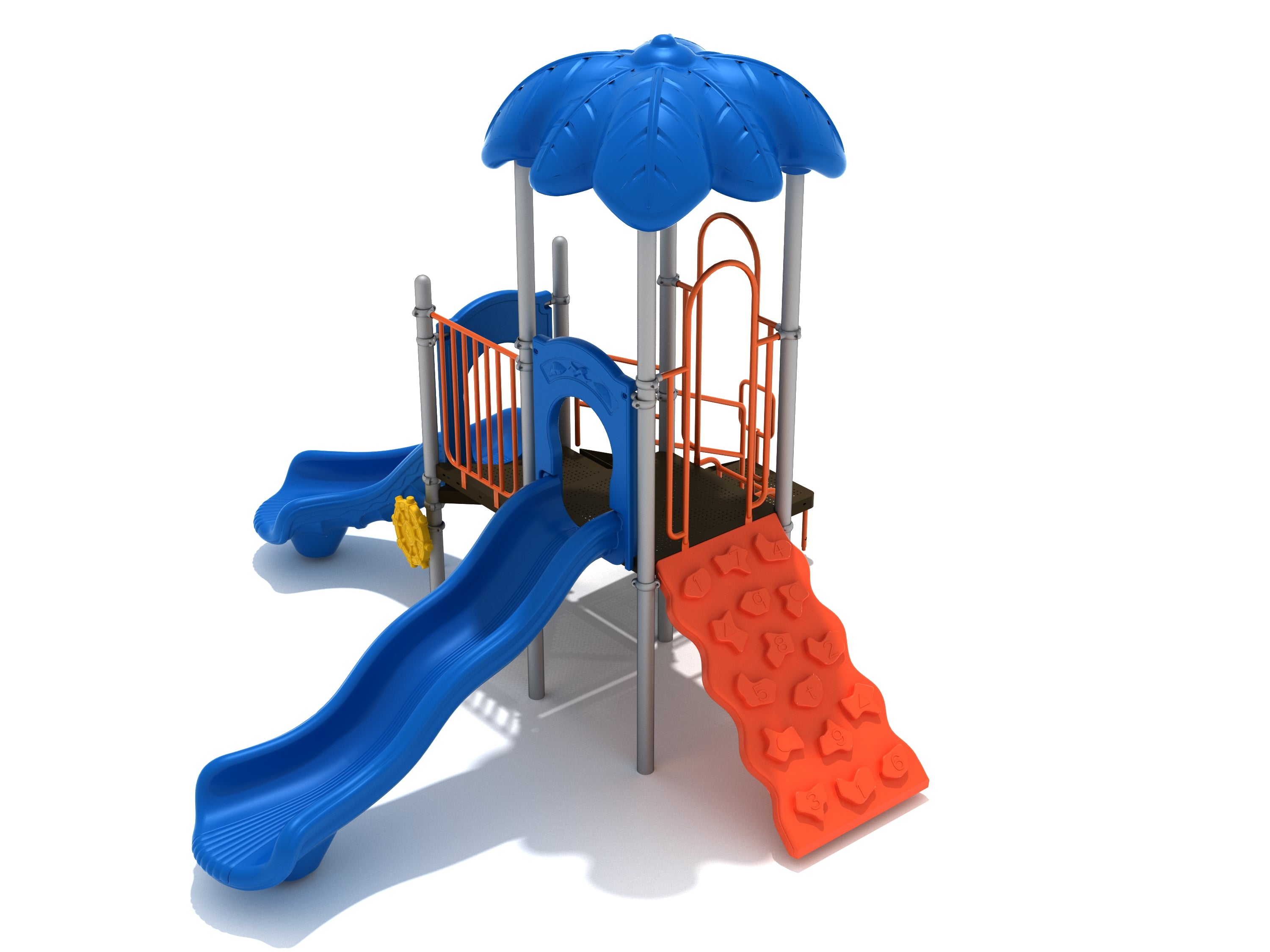 Compact outdoor play structure with blue leaf canopy, two blue slides, orange climbing wall, and yellow captain's wheel