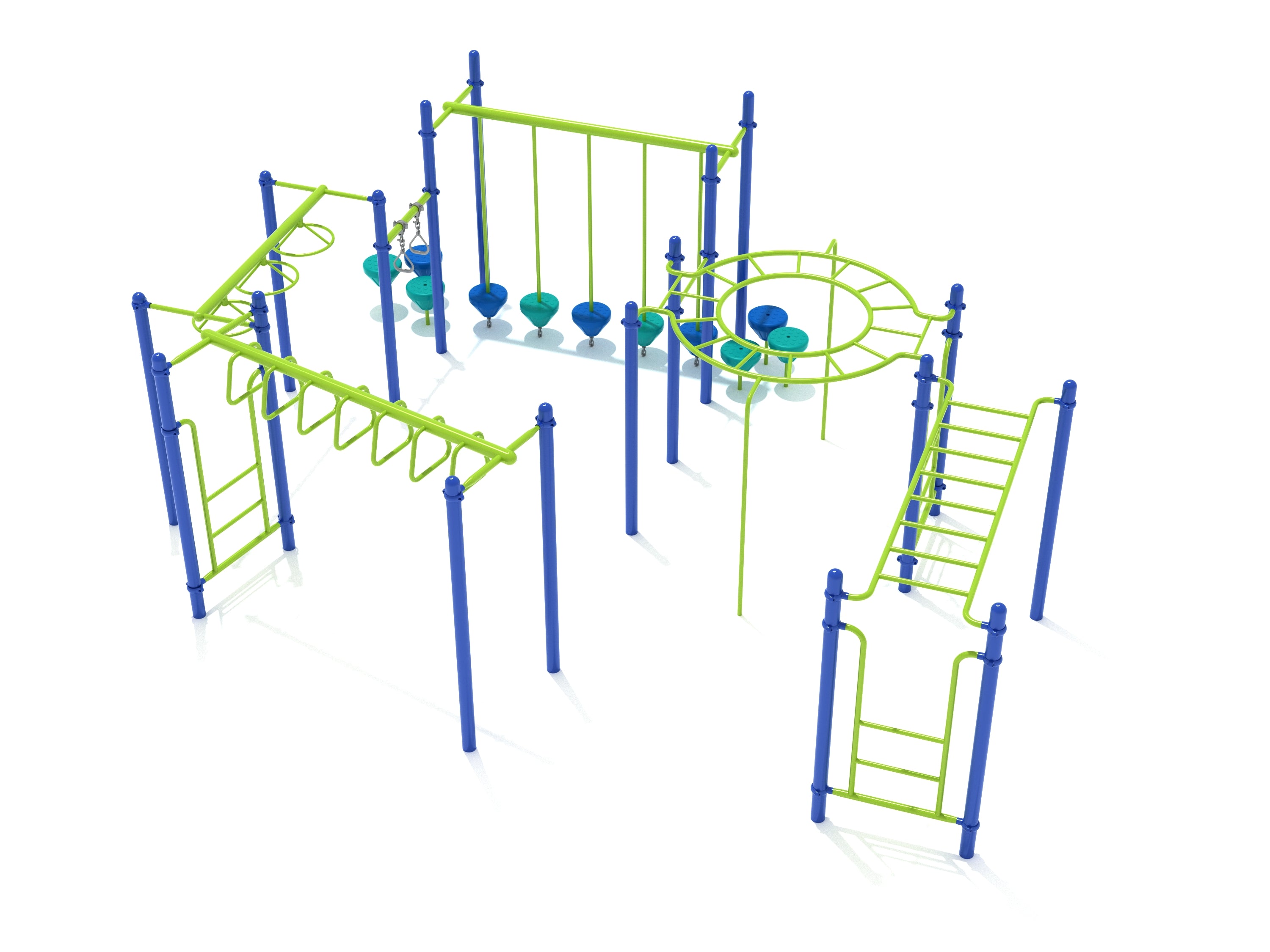 Outdoor playground fitness structure with blue vertical posts, green overhead climbing ladders, rings, and stepping pods for strength and agility development