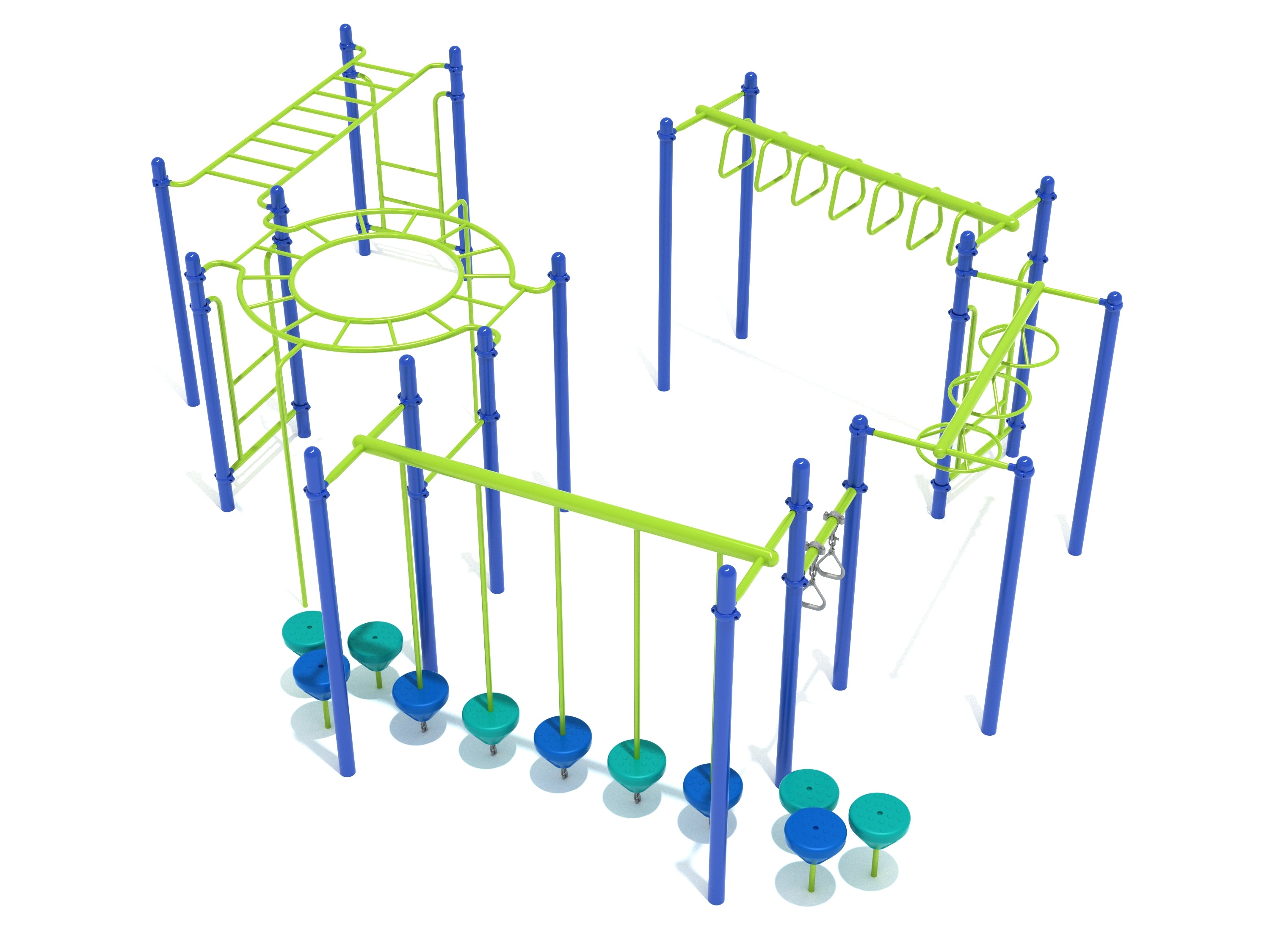 Colorful playground fitness structure with blue posts, green overhead climbing ladders, spinning wheels, and elevated stepping pods