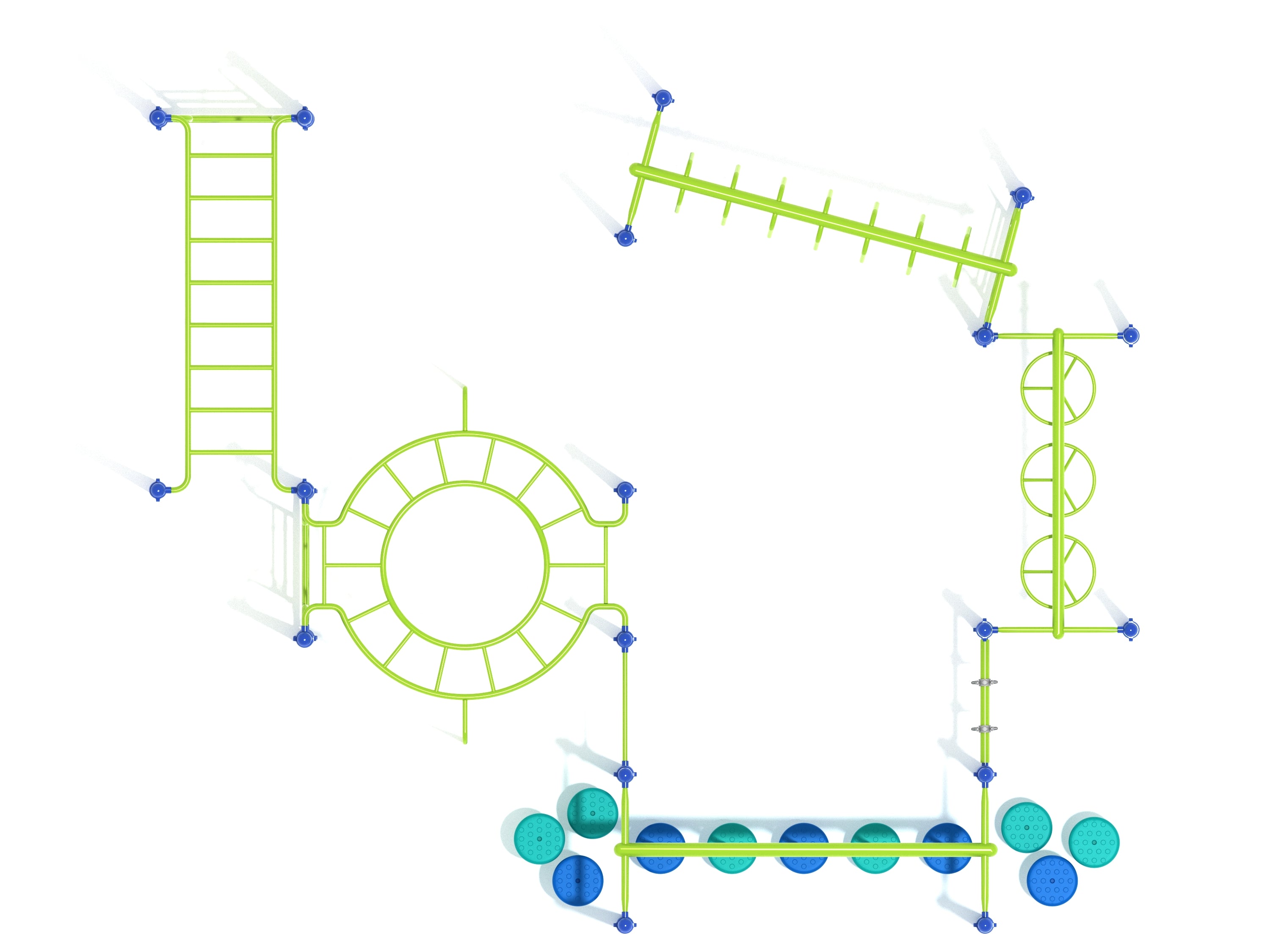 Overhead view of green playground fitness structure with circular climber, horizontal ladders, spinning wheels, and pebble balance steps