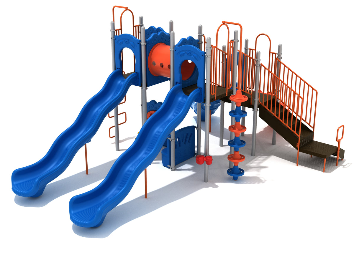Playground structure with twin blue wave slides, orange railings, tube bridge, and climbing elements