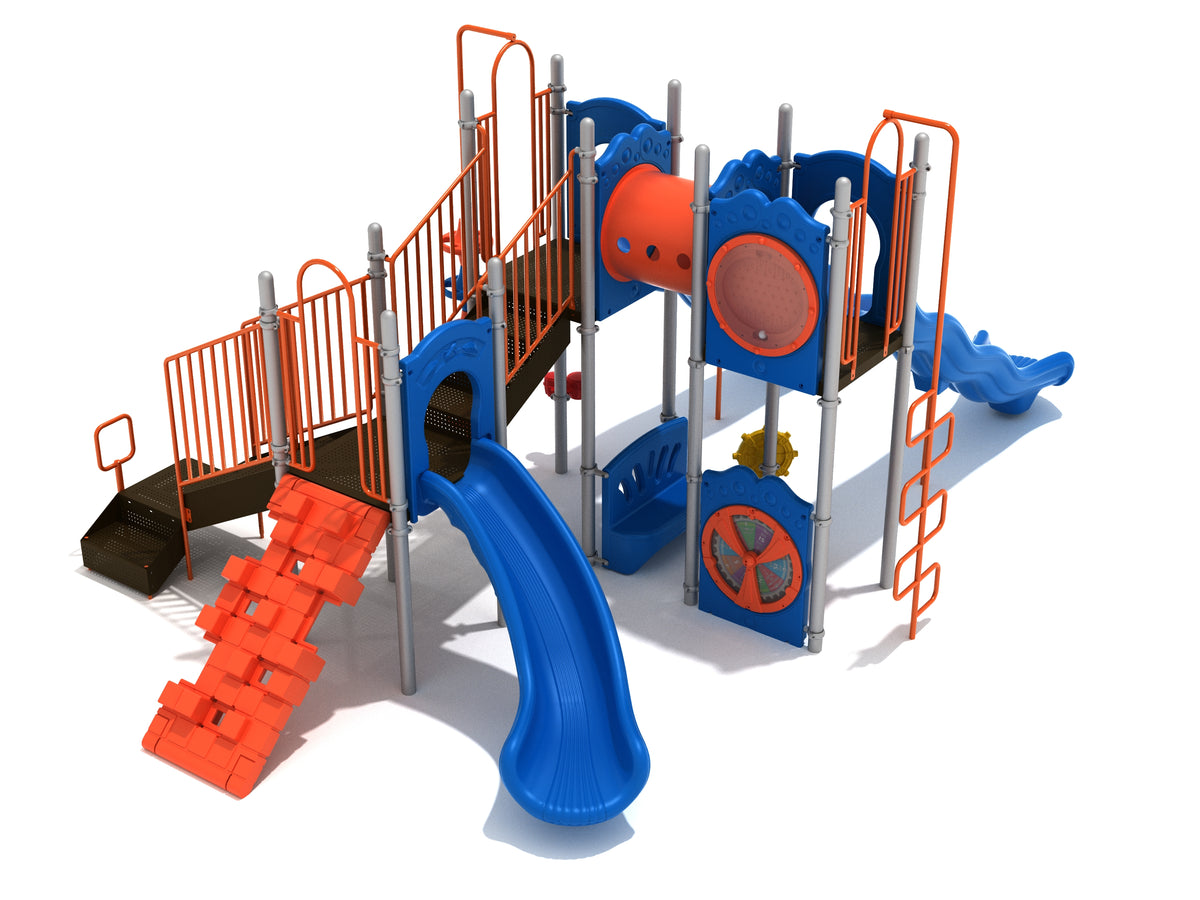 Colorful Custom playground structure with twin wave slides, tube bridge, climbing panels, and activity wheels.