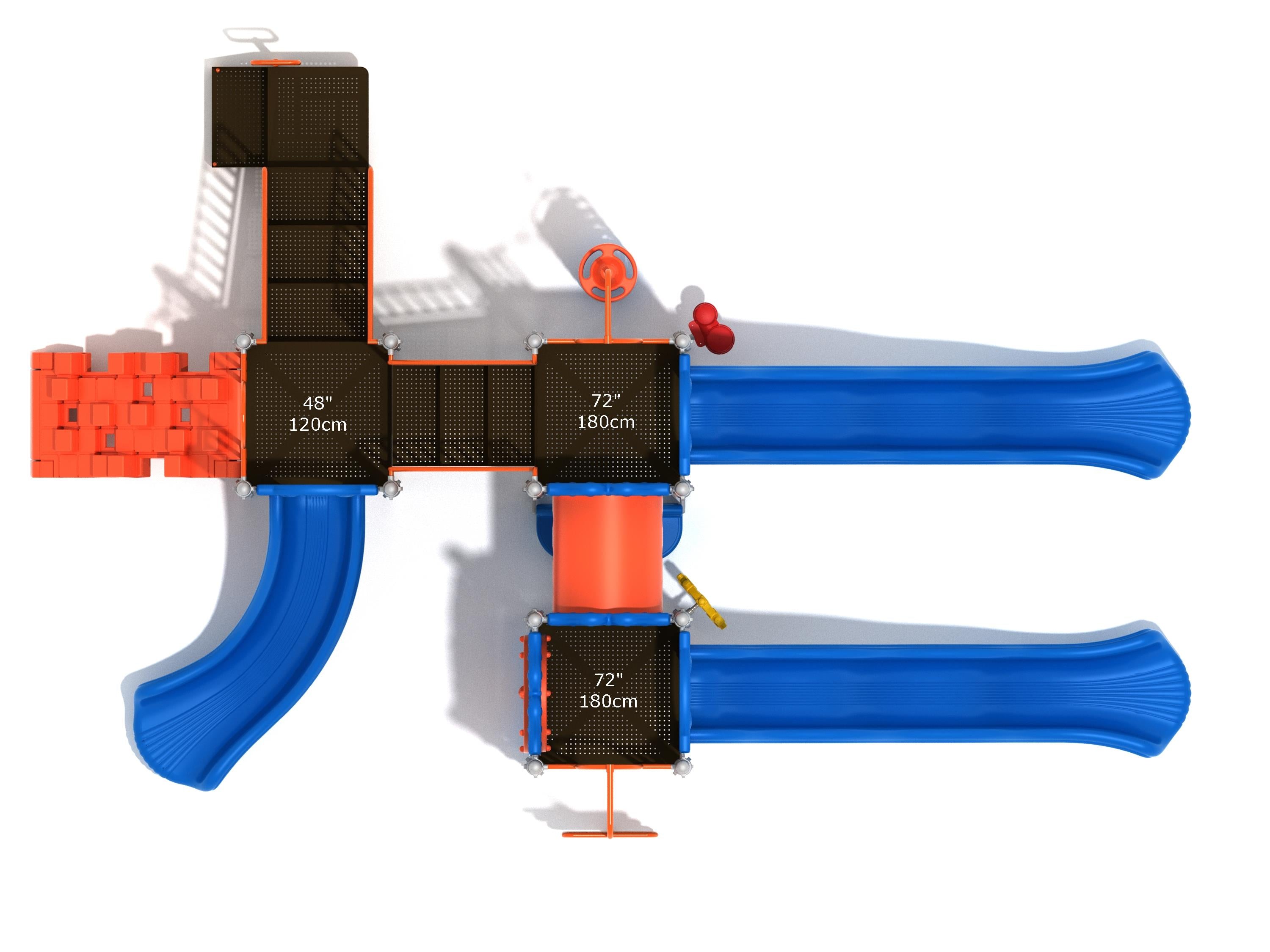 Overhead view of colorful playground with twin blue wave slides, orange climbers, black platforms, and connecting tube bridge