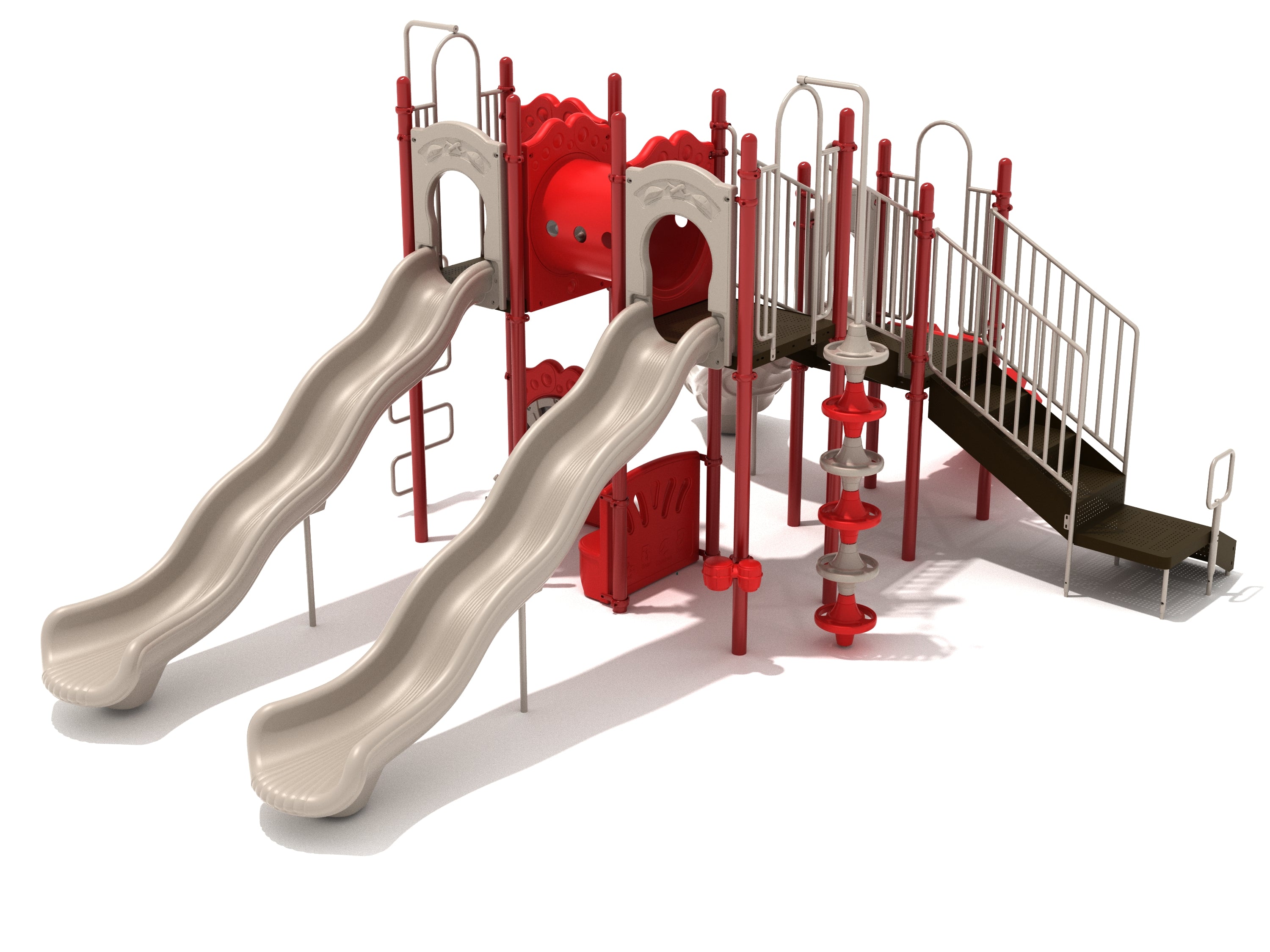 Red and beige playground structure with twin wave slides, tube bridge, climbing elements, and stairs