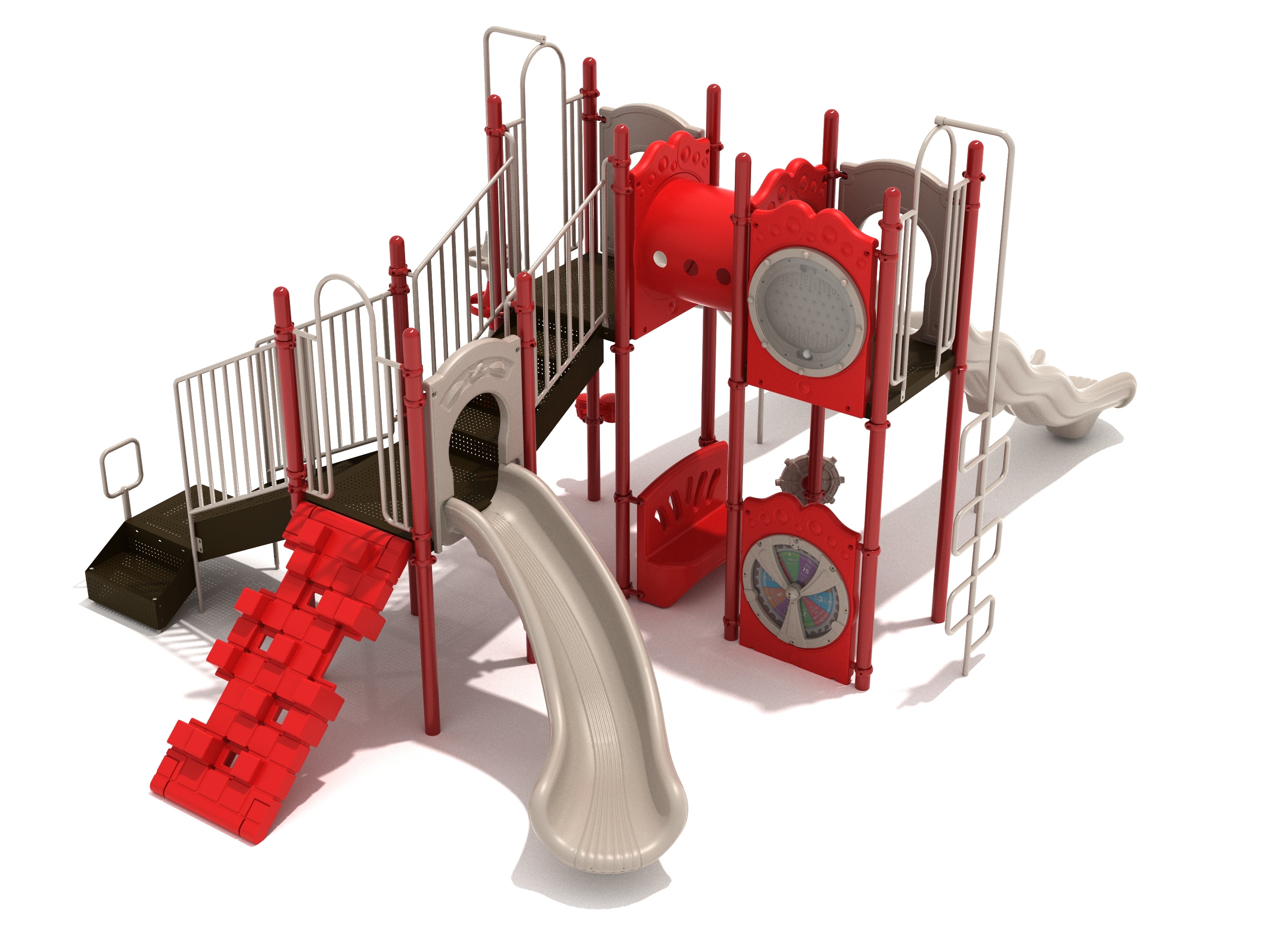 Red and beige playground structure with twin wave slides, tube bridge, climbing panels, and activity wheels