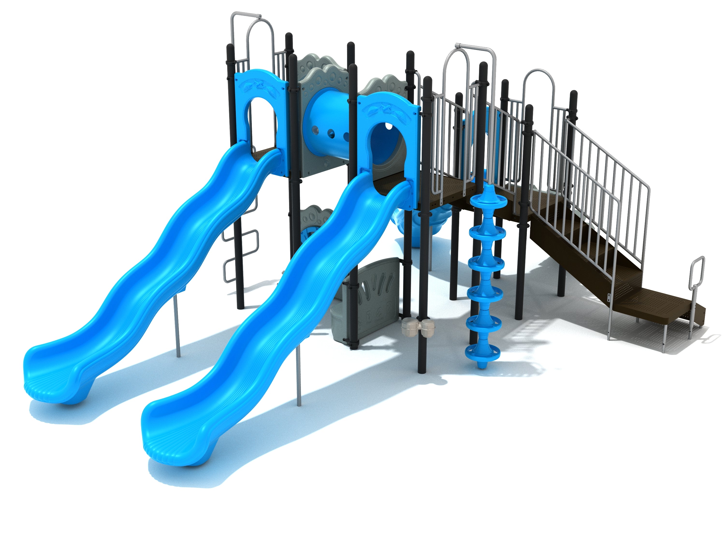 Playground structure with twin blue wave slides, tube bridge, climbing elements, and metal-railed stairs
